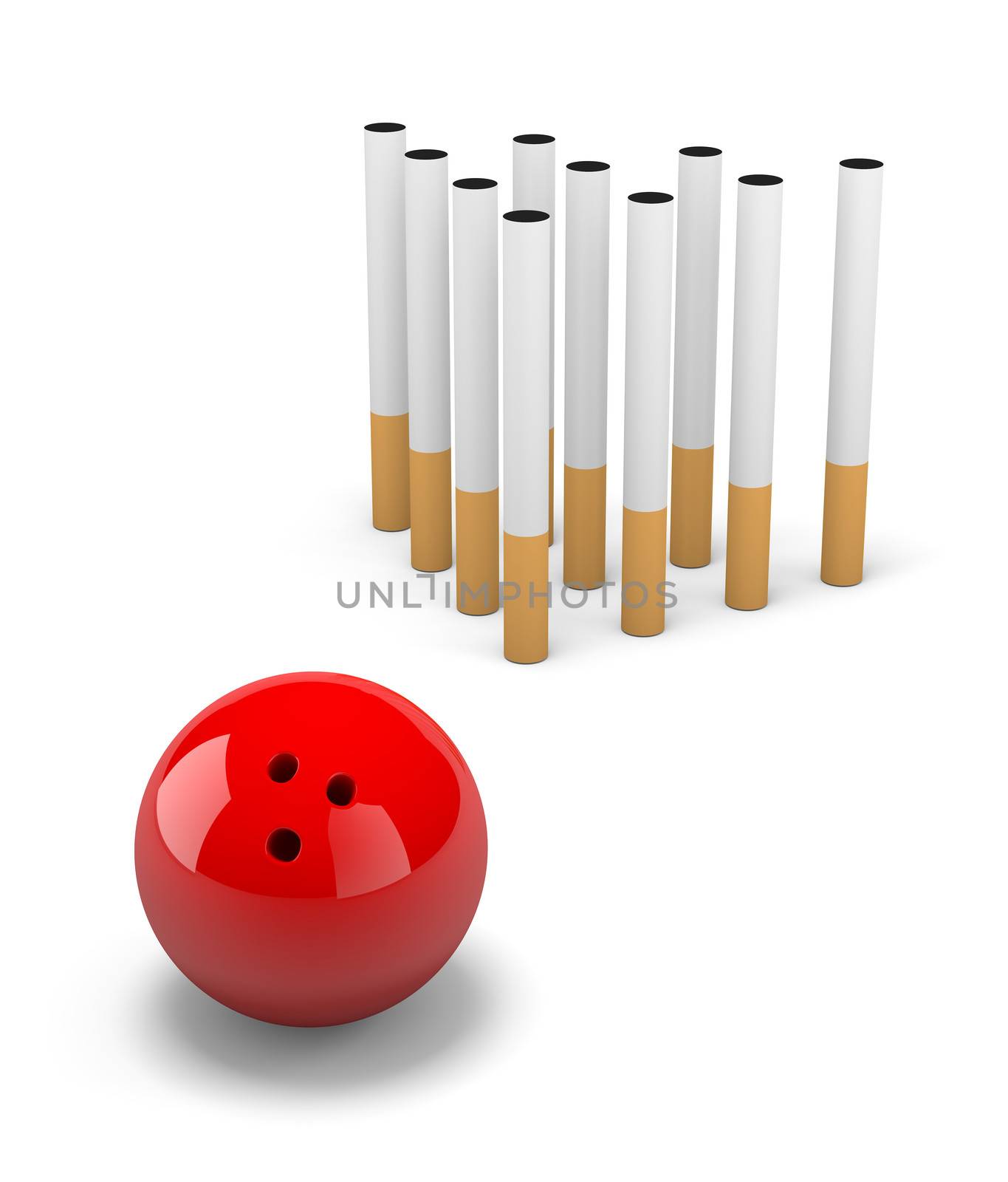 Group of Cigarette with Red Bowling Skittle Ball on White Background 3D Illustration
