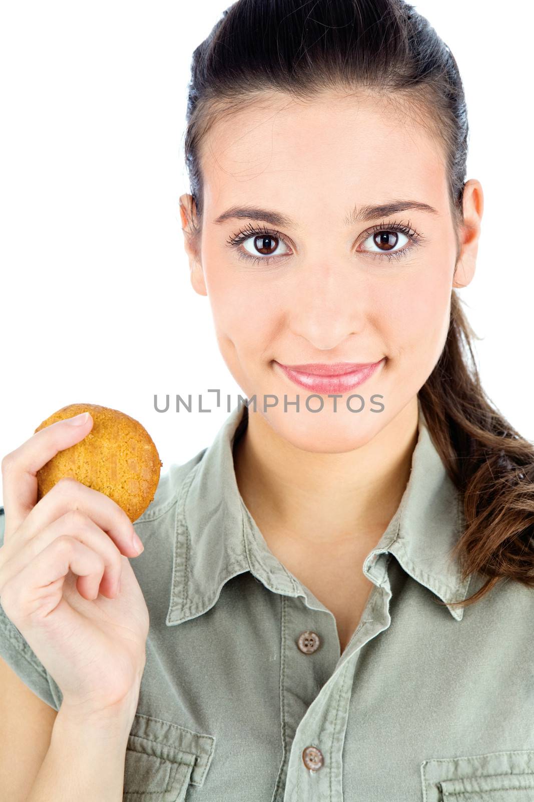 Sweet girl holding cake, isolated on white background