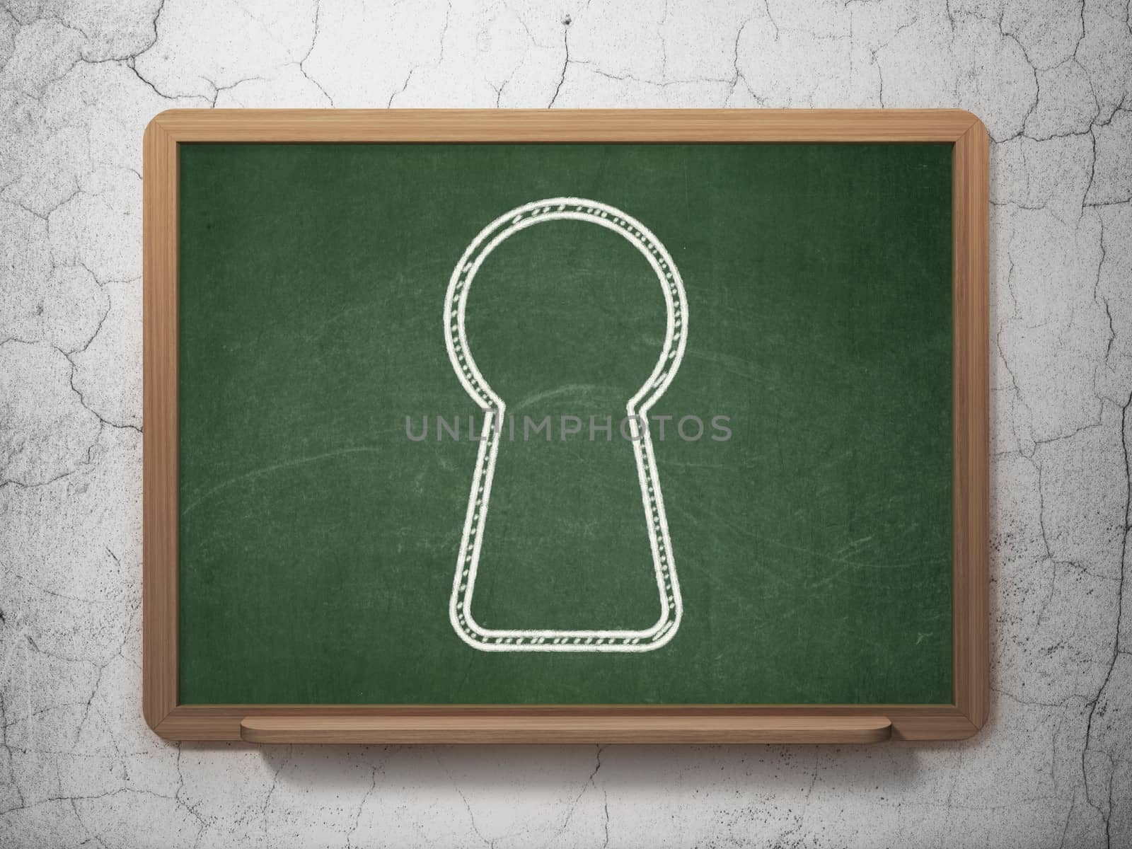 Information concept: Keyhole icon on Green chalkboard on grunge wall background, 3d render