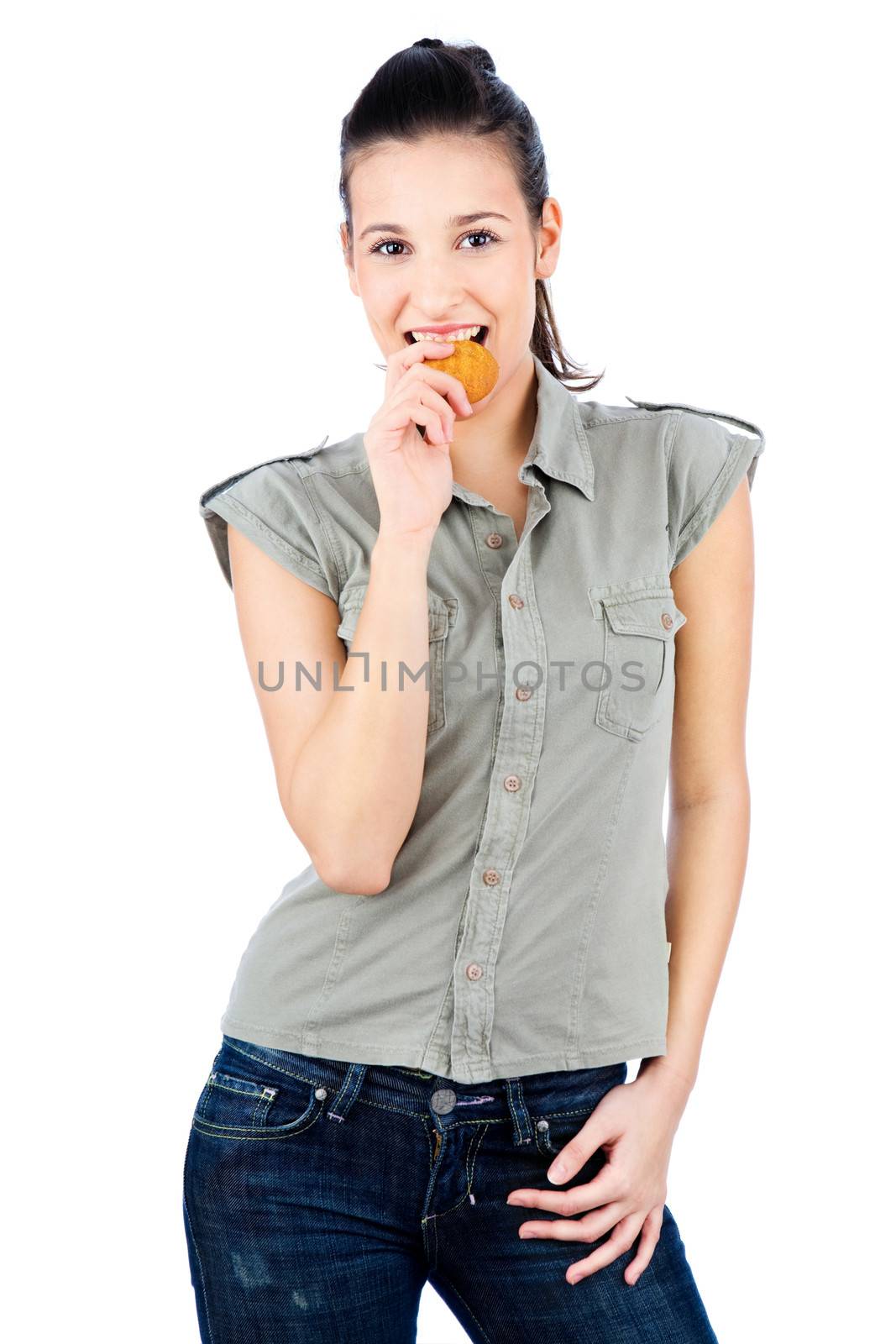 Pretty girl eating cake, isolated on white background