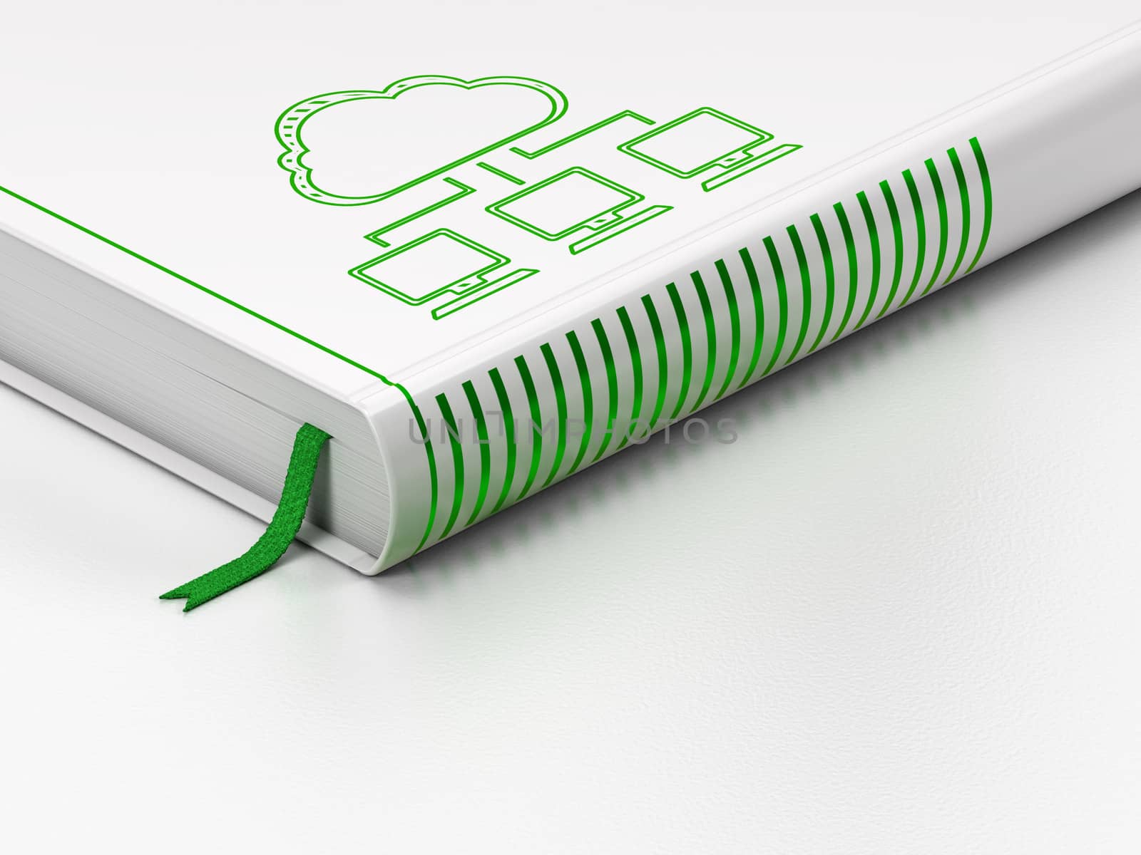Cloud networking concept: closed book with Green Cloud Network icon on floor, white background, 3d render