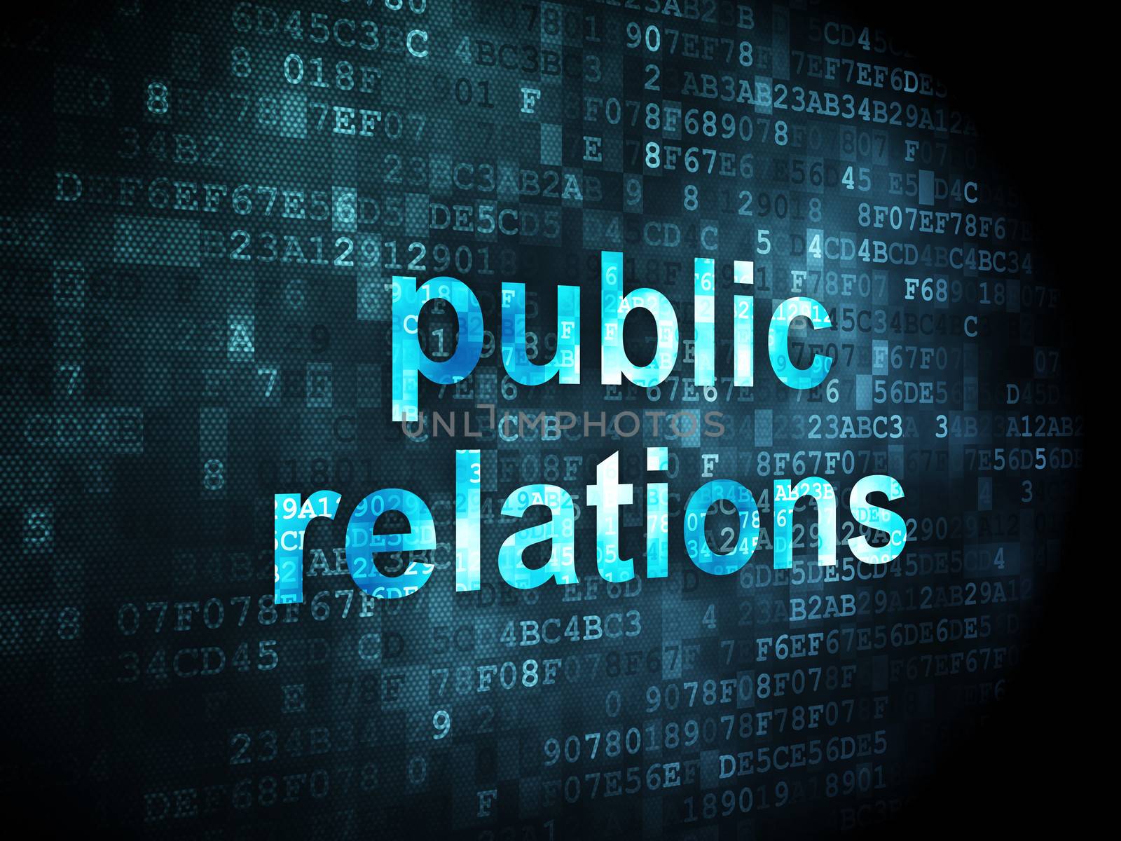 Marketing concept: pixelated words Public Relations on digital background, 3d render