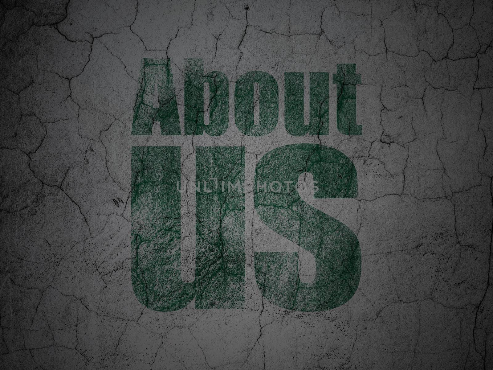 Marketing concept: Green About Us on grunge textured concrete wall background, 3d render