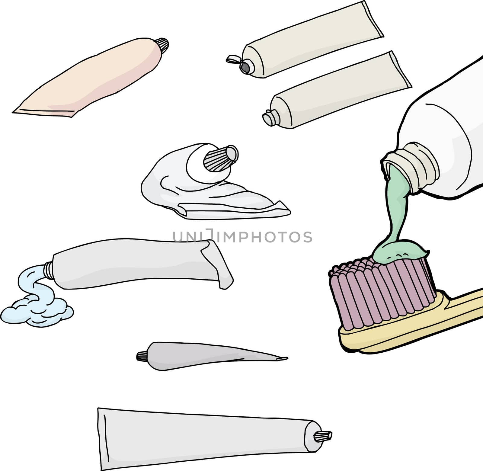 Set of generic toothpaste tubes on isolated background