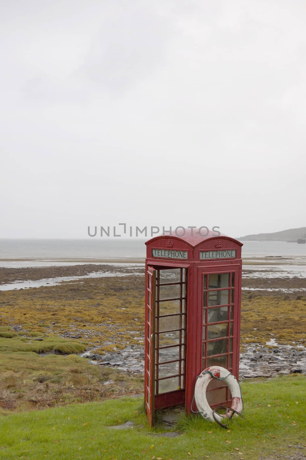Telephone box and lifebelt, on the Isle of Rum