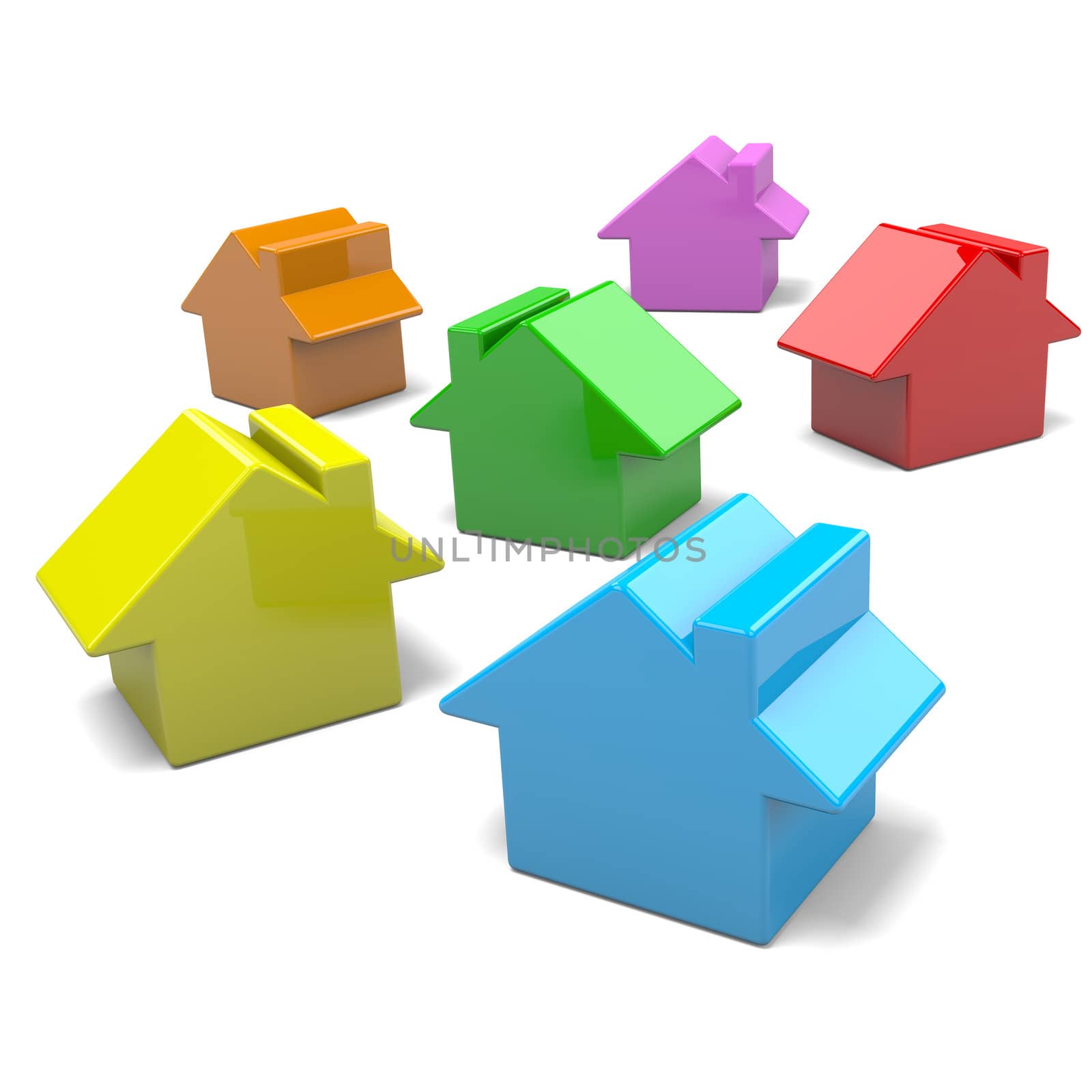 Group of Colorful Houses on White Background 3D Illustration