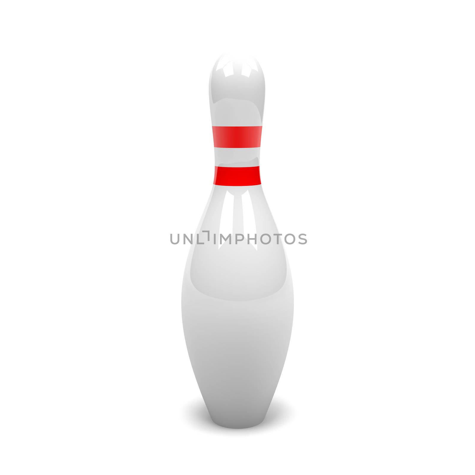 One Single White and Red Bowling Skittle on White Background 3D Illustration