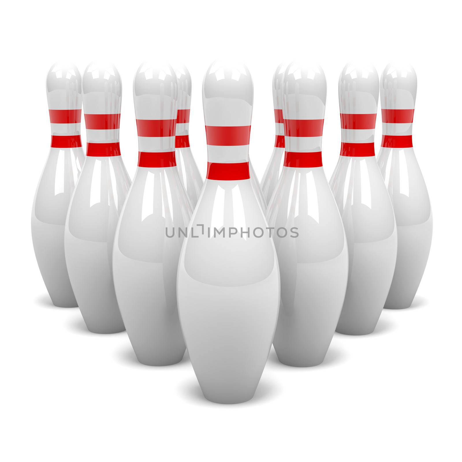 White and Red Bowling Skittles Cluster on White Background 3D Illustration