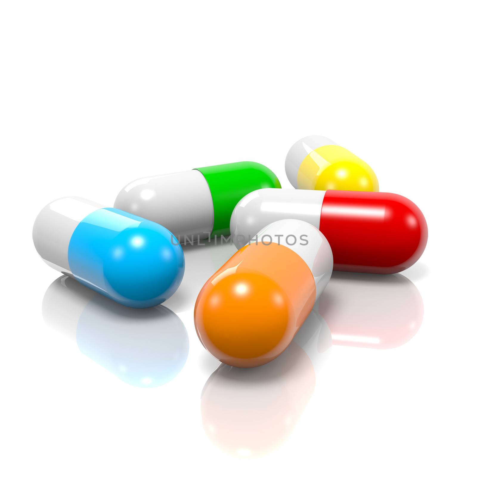 Colorful Pills with Reflection on White Background