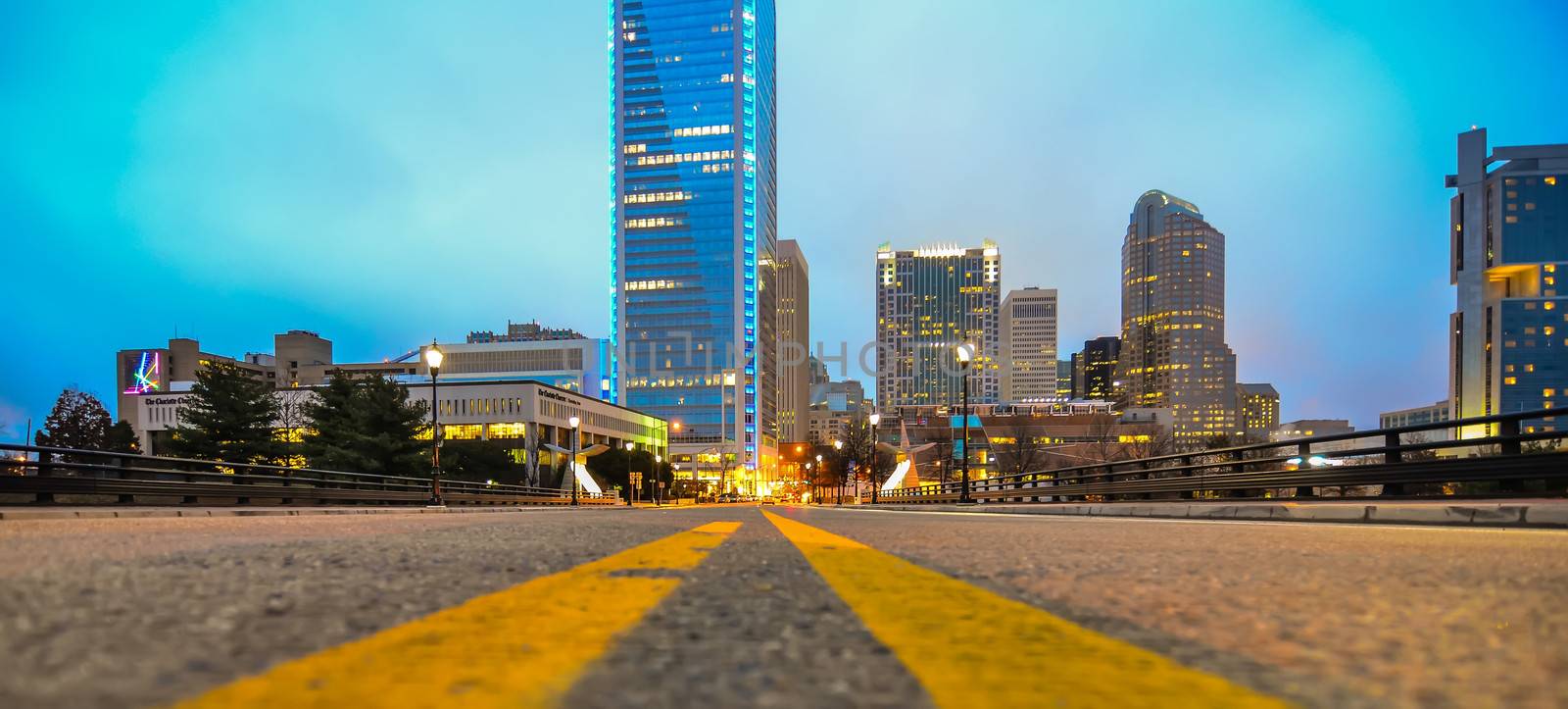 charlotte skyline view from a highway overpass bridge at night