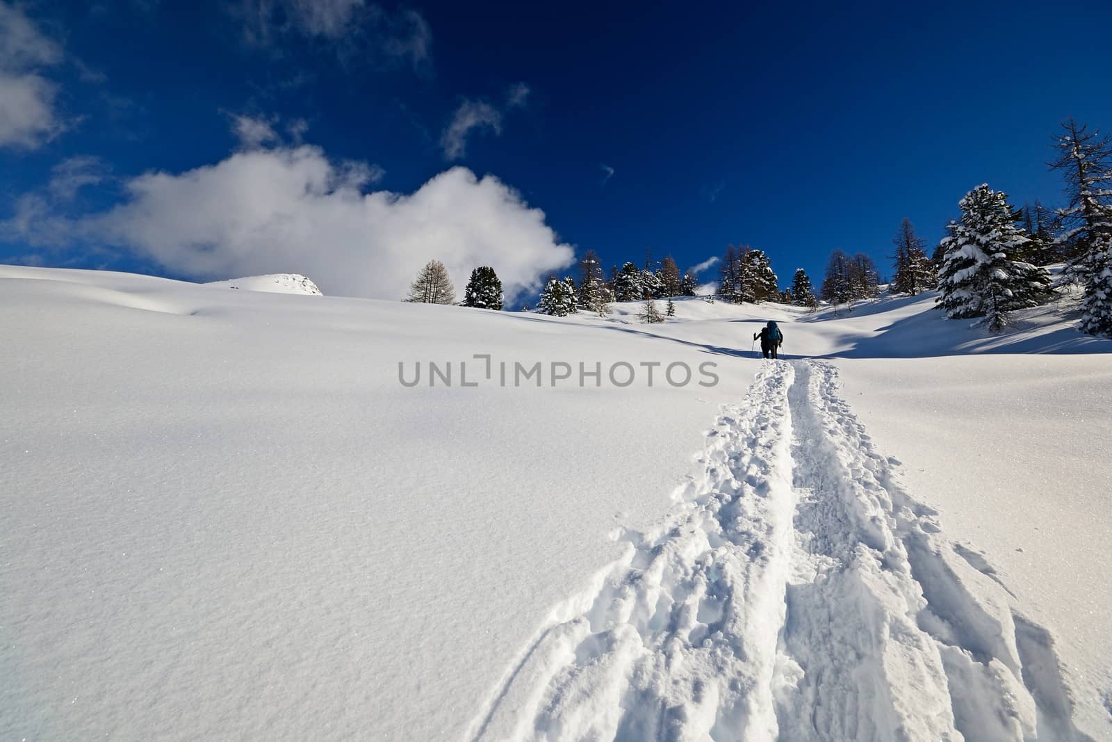 Alpinist hiking on snowy slope in scenic high mountain landscape, italian Alps