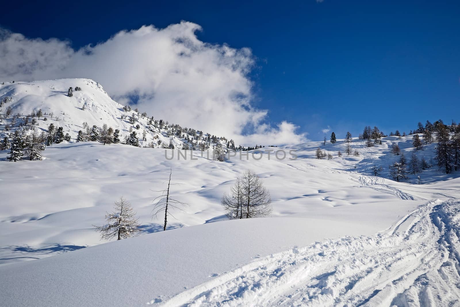 Off piste snowy ski slope in majestic high mountain scenery during ski touring activity in the italian Alps