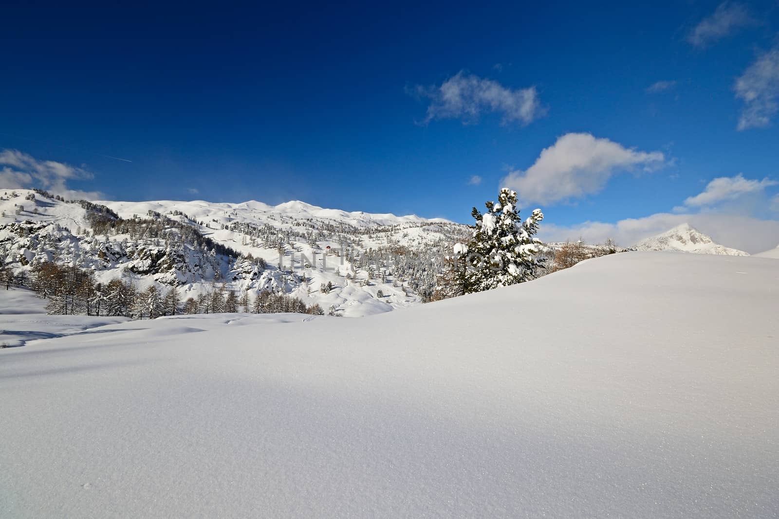 Off piste snowy ski slope in majestic high mountain scenery during ski touring activity in the italian Alps