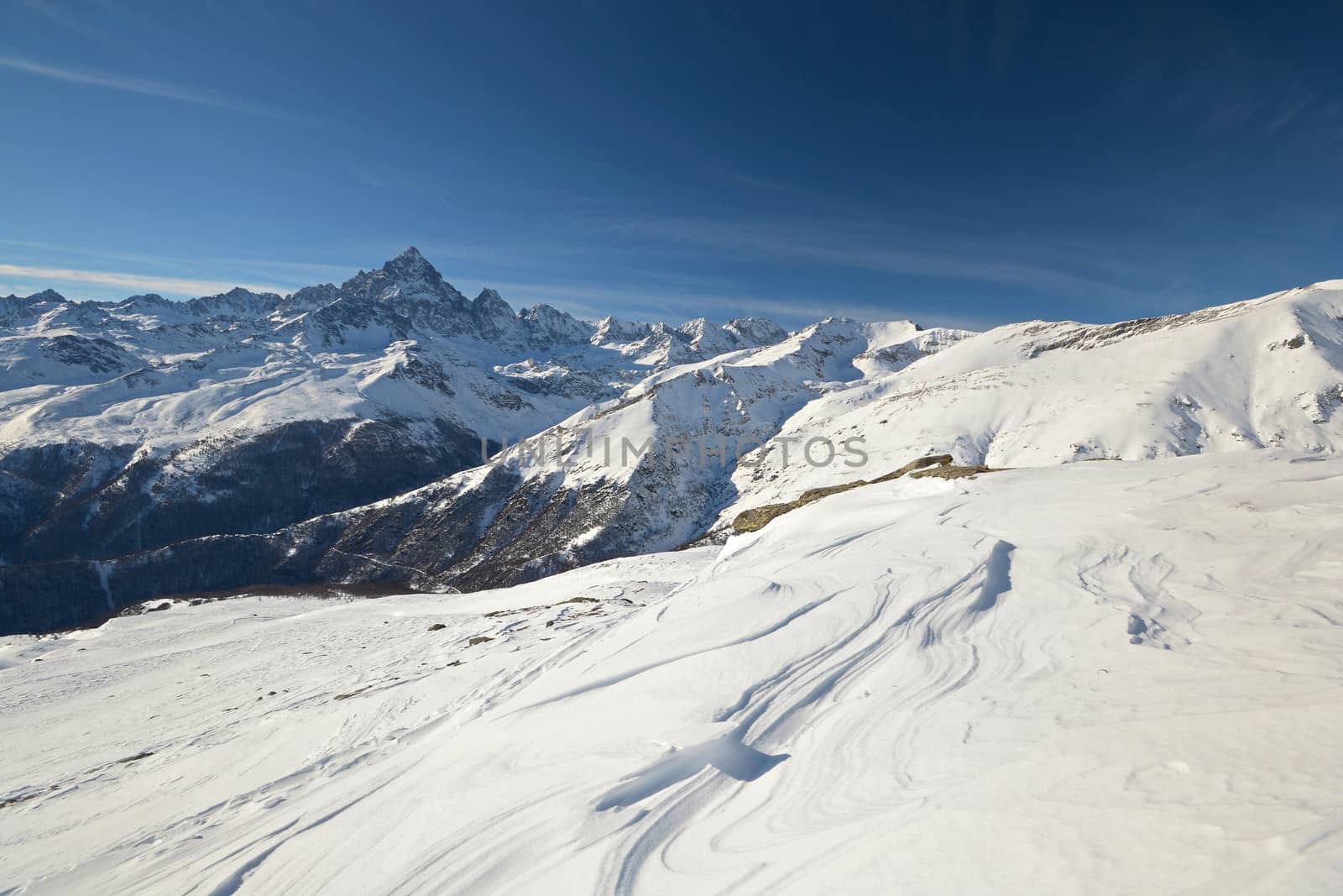 Winter mountainscape and superb frontal view on the majestic M. Viso (3841 m), Po Valley, Piedmont