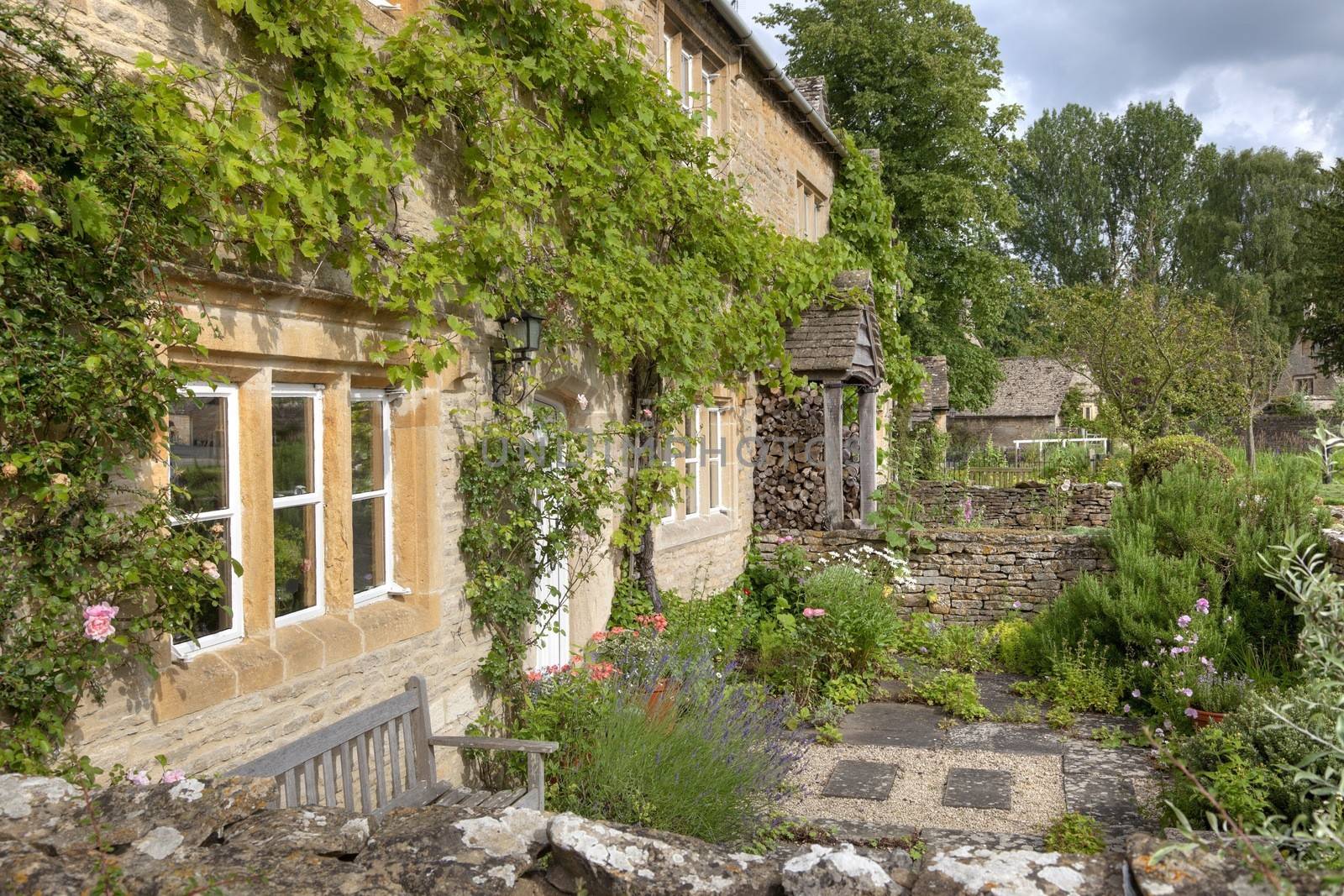 Pretty cottage gardens, Lower Slaughter, Gloucestershire, England.