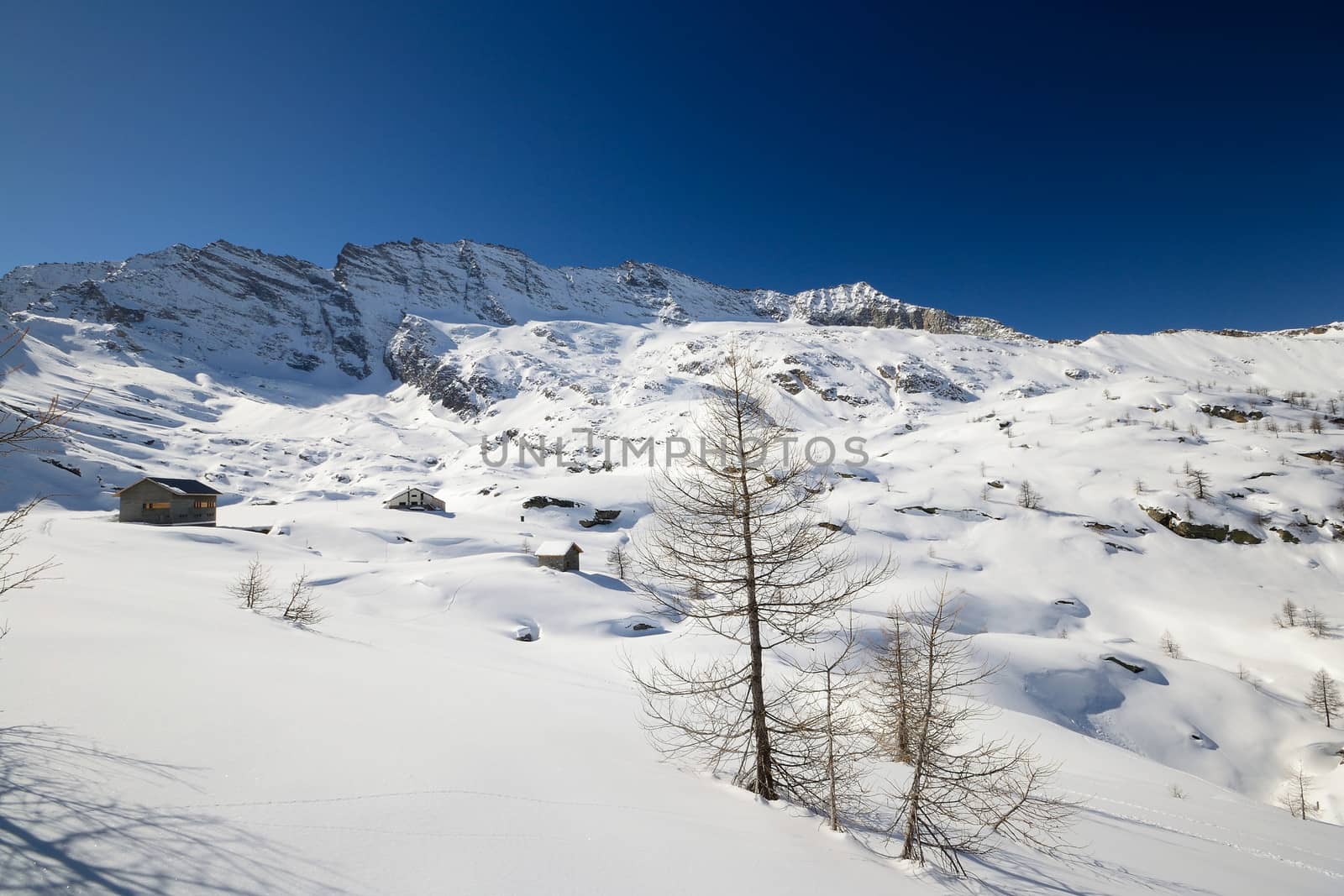 Candid off piste ski slope in scenic background of high mountain peaks, Gran Paradiso National Park, italian Alps