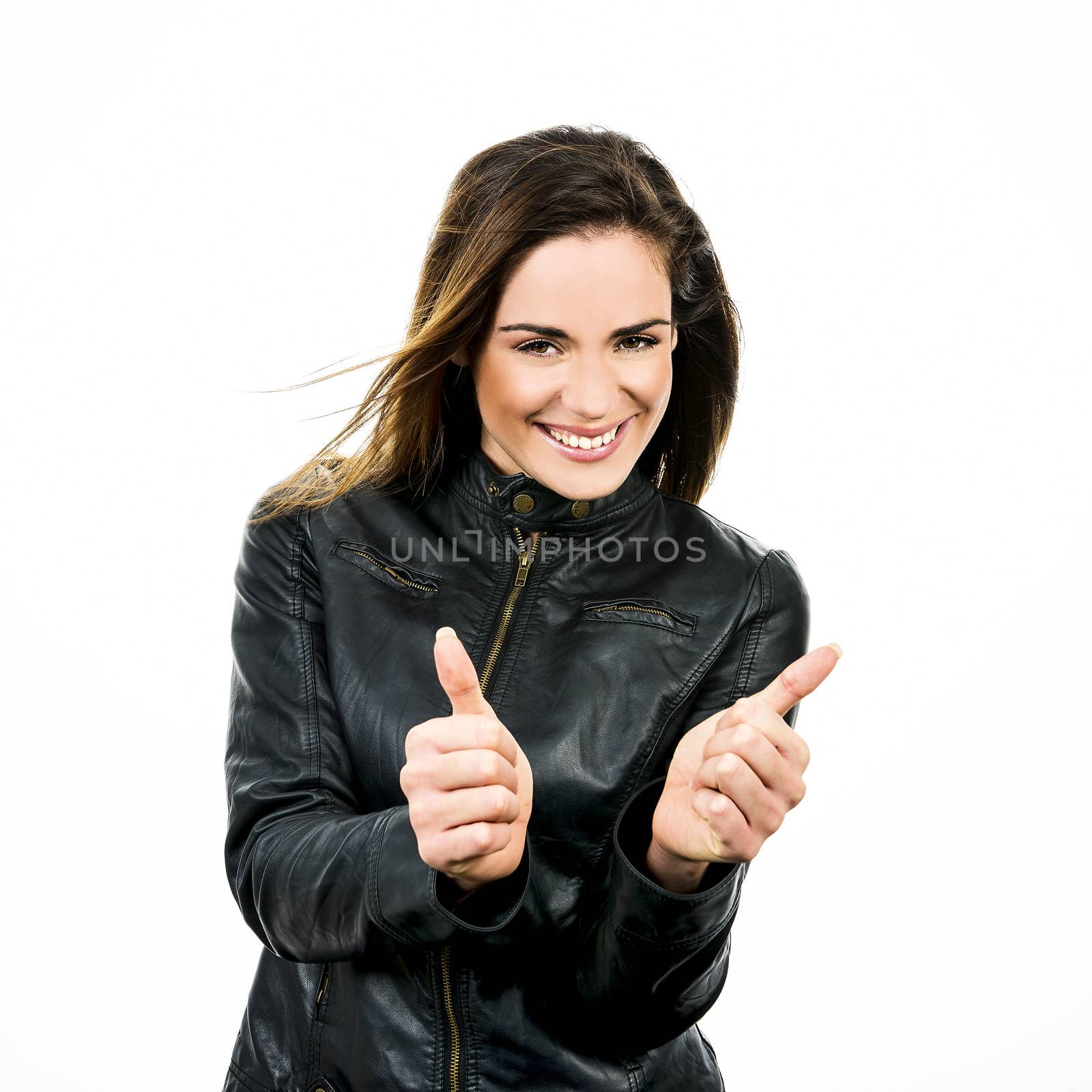 attractive woman on leather jacket with positive sprit 