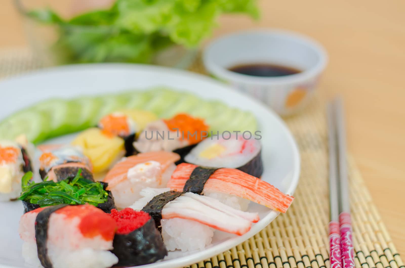 close up sushi on wooden table