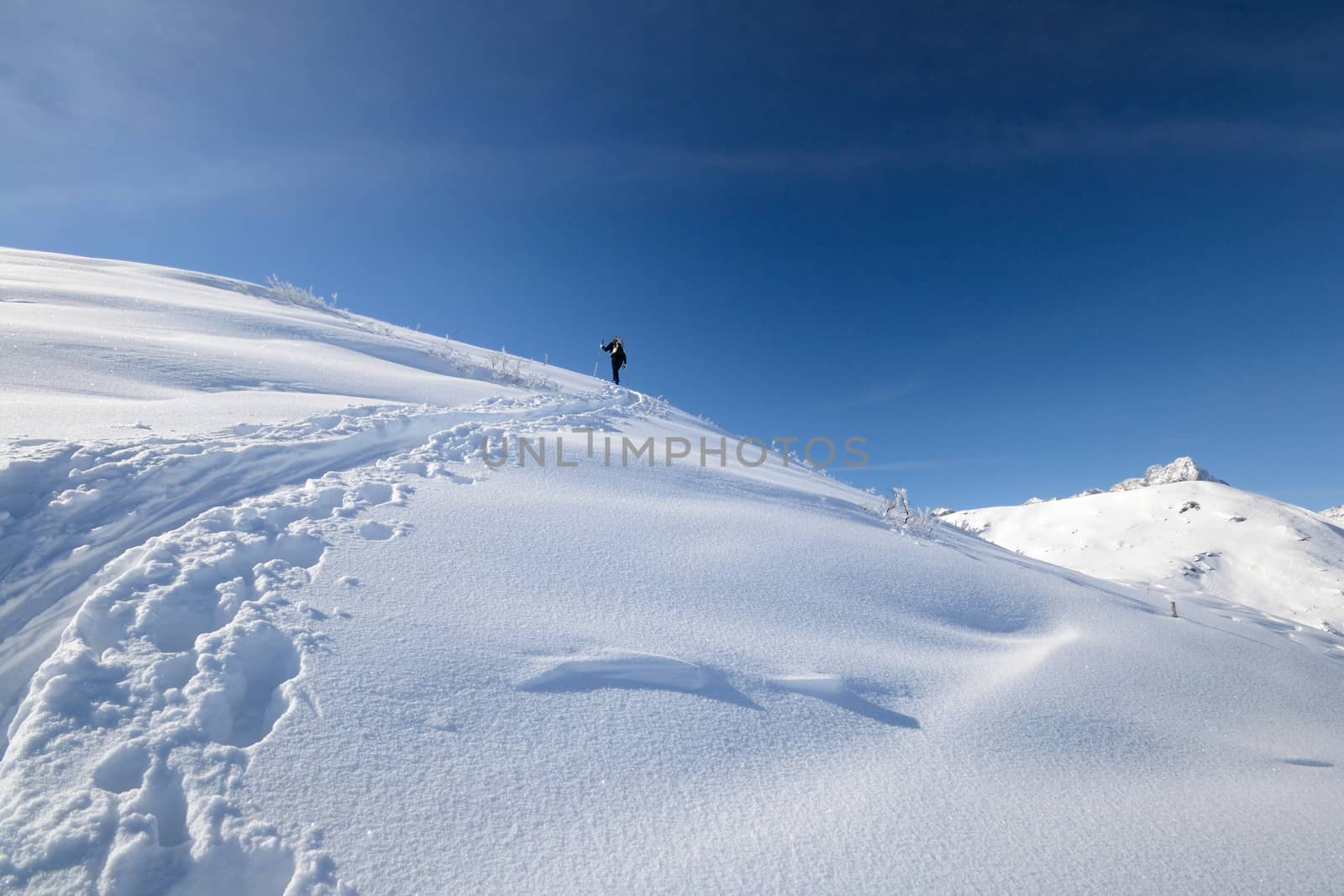 Alpinist hiking uphill by ski touring on the mountain ridge in powder snow with deep track in the foreground and scenic high mountain view in the background