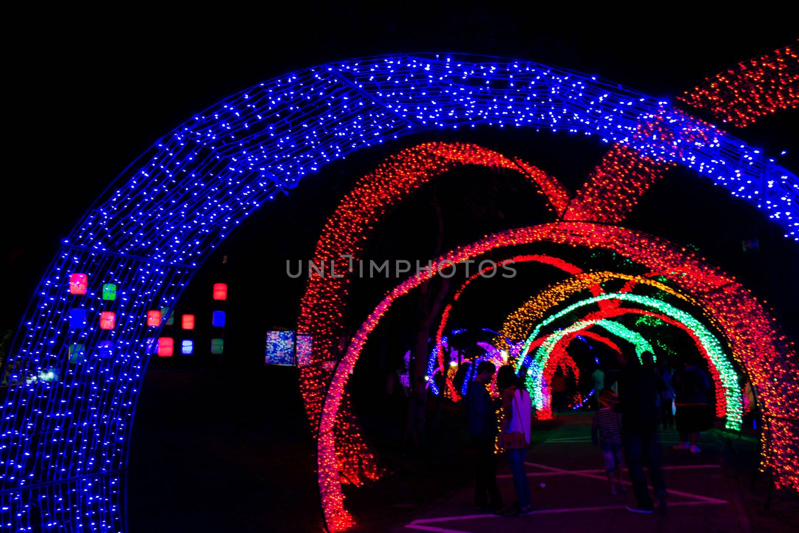 Tunnel of neon light in new year by apichart