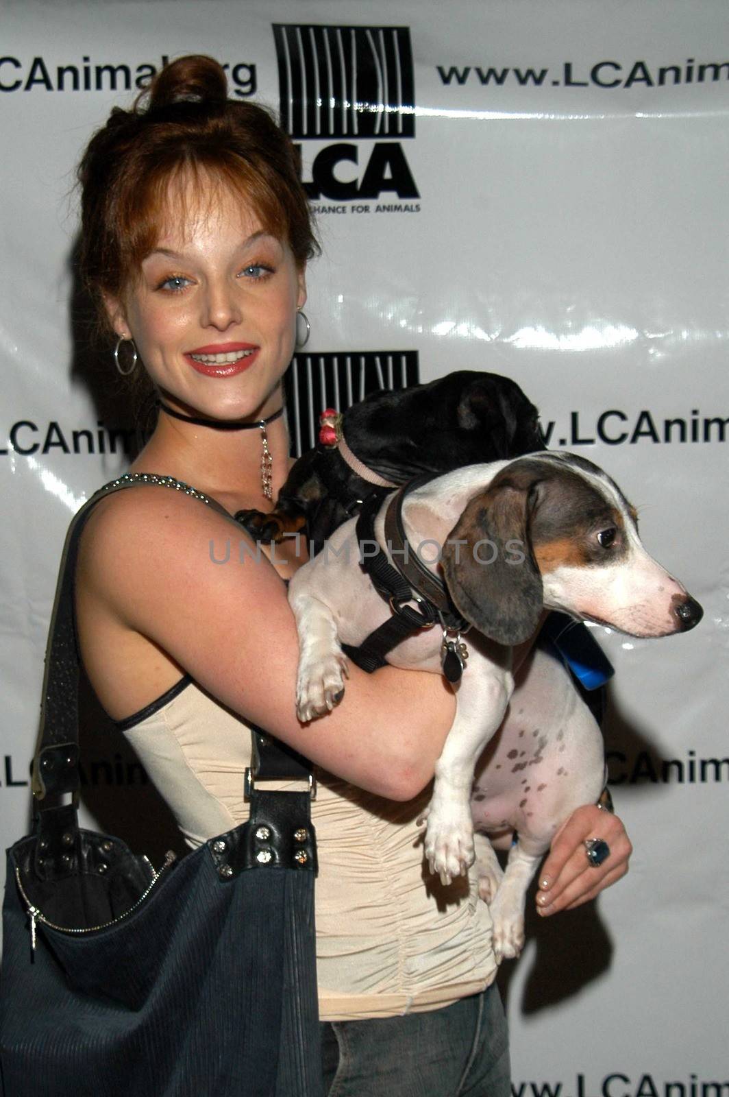 Dana Daurey with Tucker and Sadie at the Last Chance For Animals Press Conference, Third Street Promenade, Santa Monica, Calif., 08-26-03