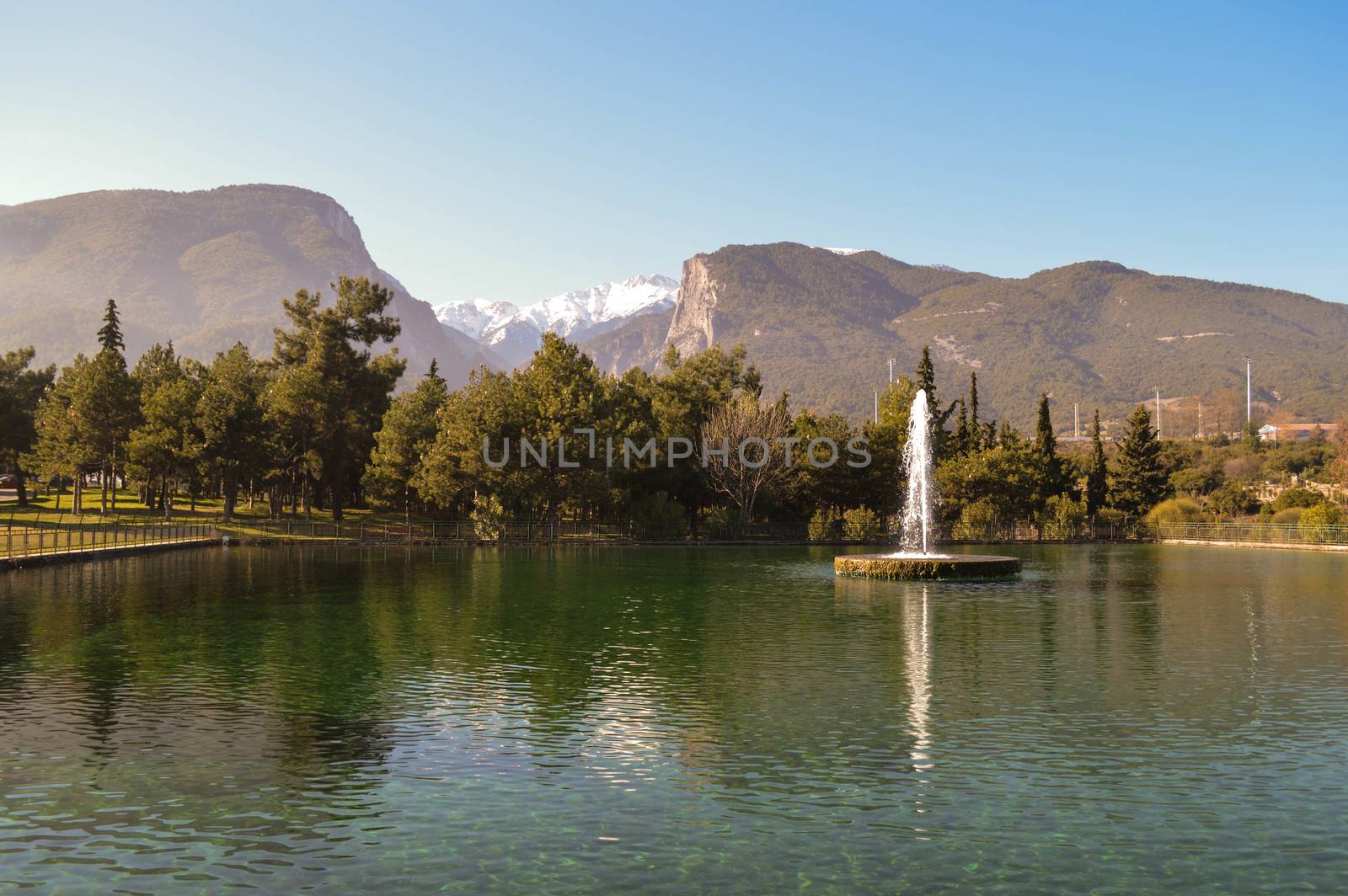 Beautiful lake in Litochoro and Olymp / Olympus mountains in greece