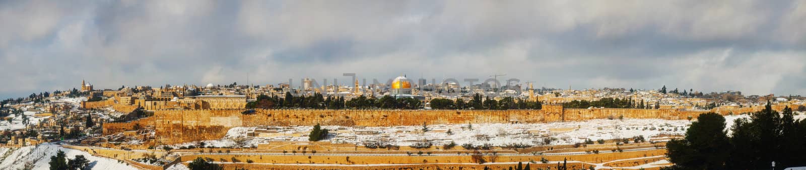 Panorama of Old City in Jerusalem, Israel with The Golden Dome Mosque