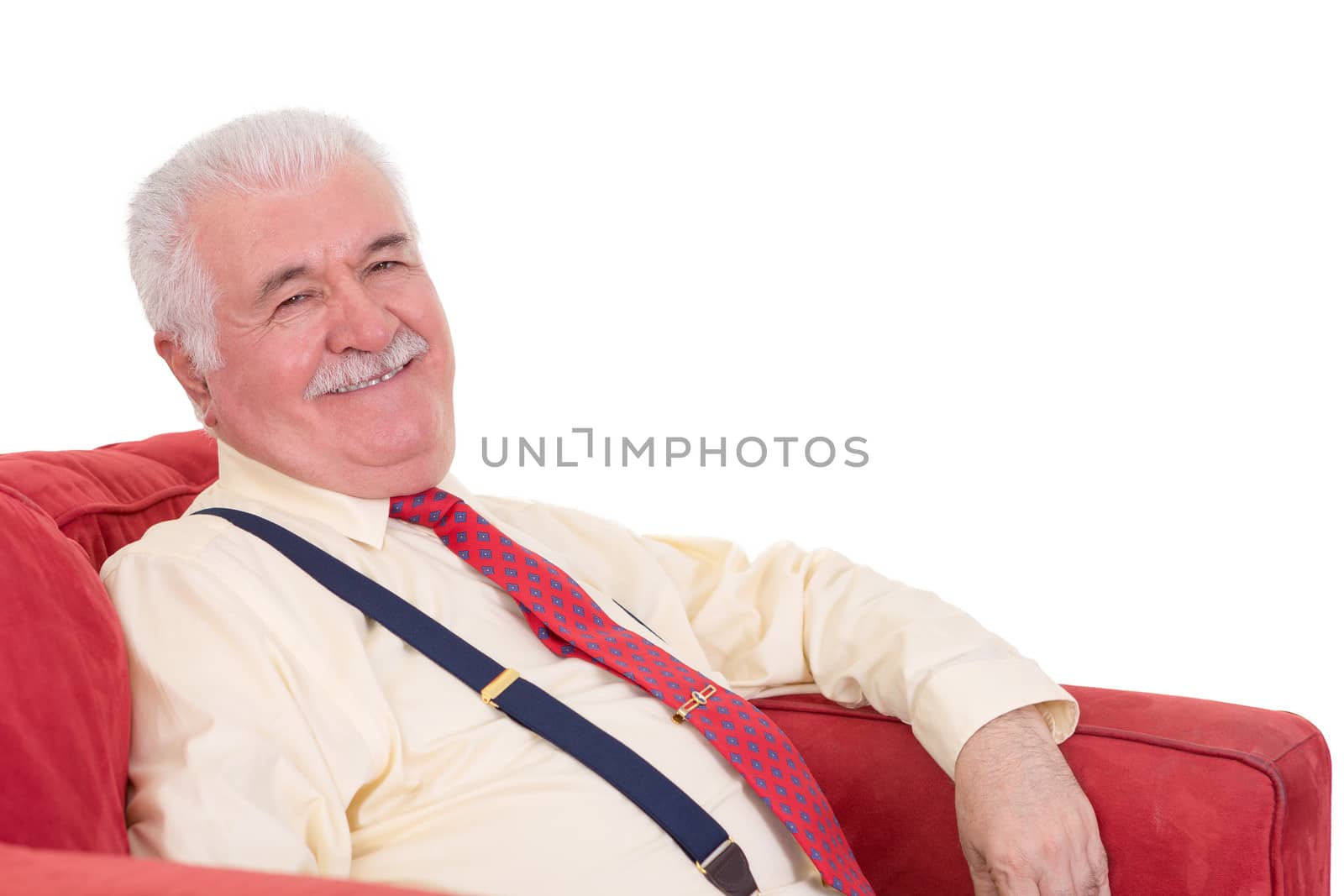 Jovial grey-haired senior man with a moustache relaxing in a comfortable armchair looking at the camera with a lovely beaming smile