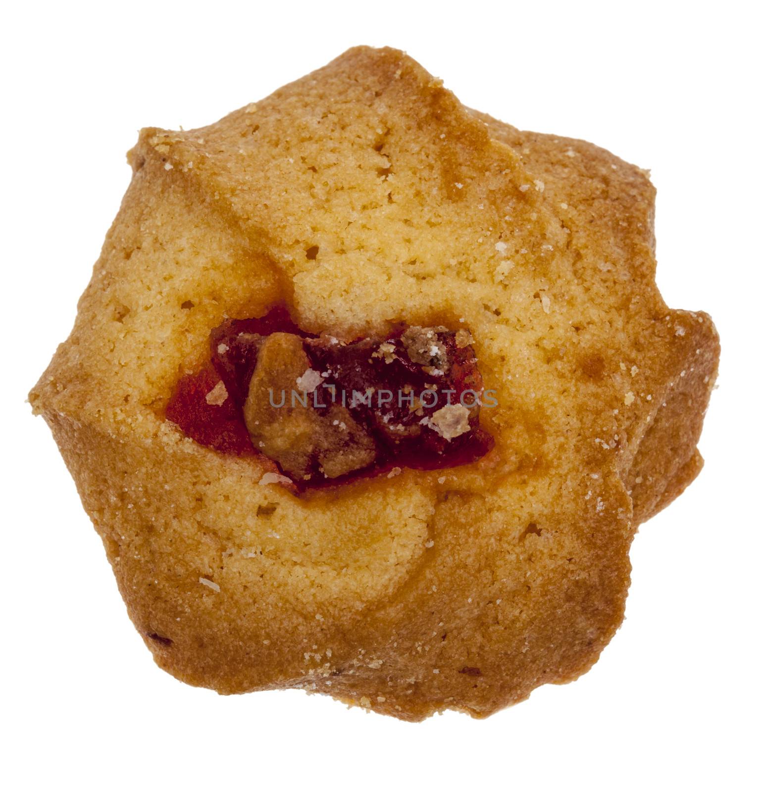 Upper view of a cookie with jam isolated against a white background.