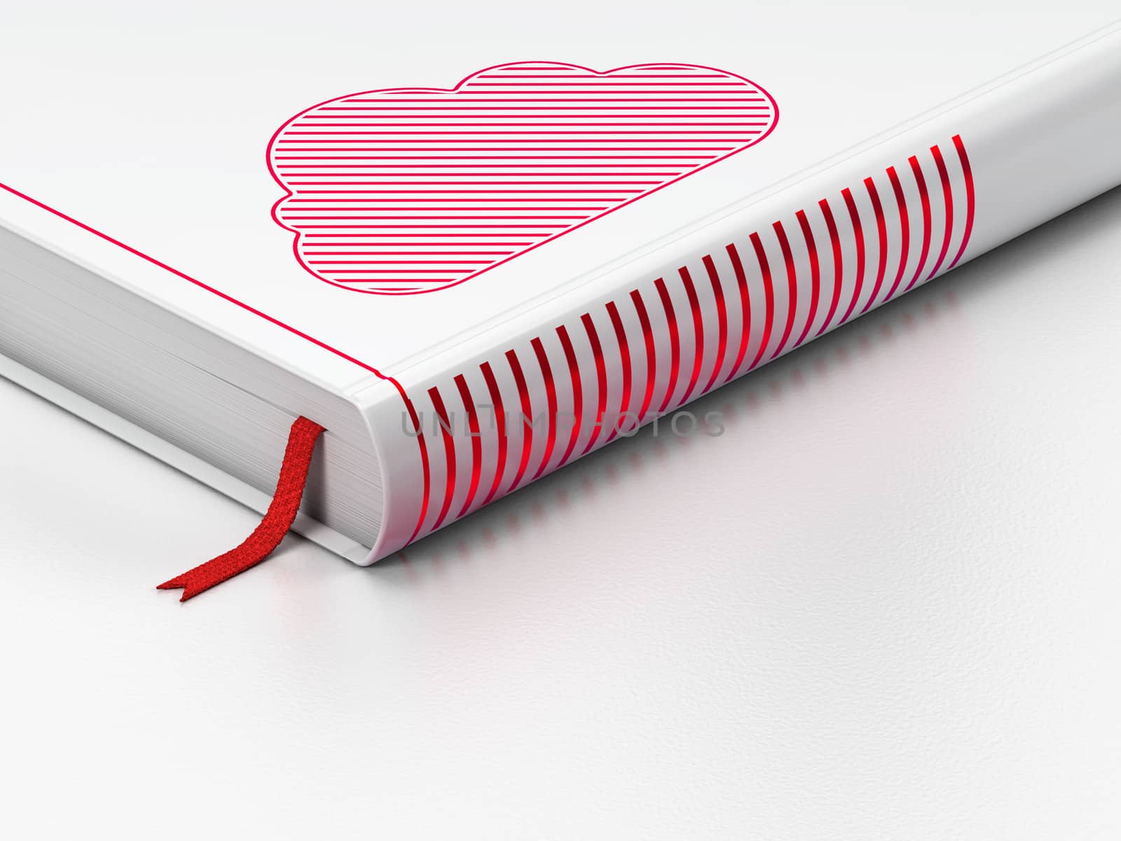 Cloud networking concept: closed book with Red Cloud icon on floor, white background, 3d render