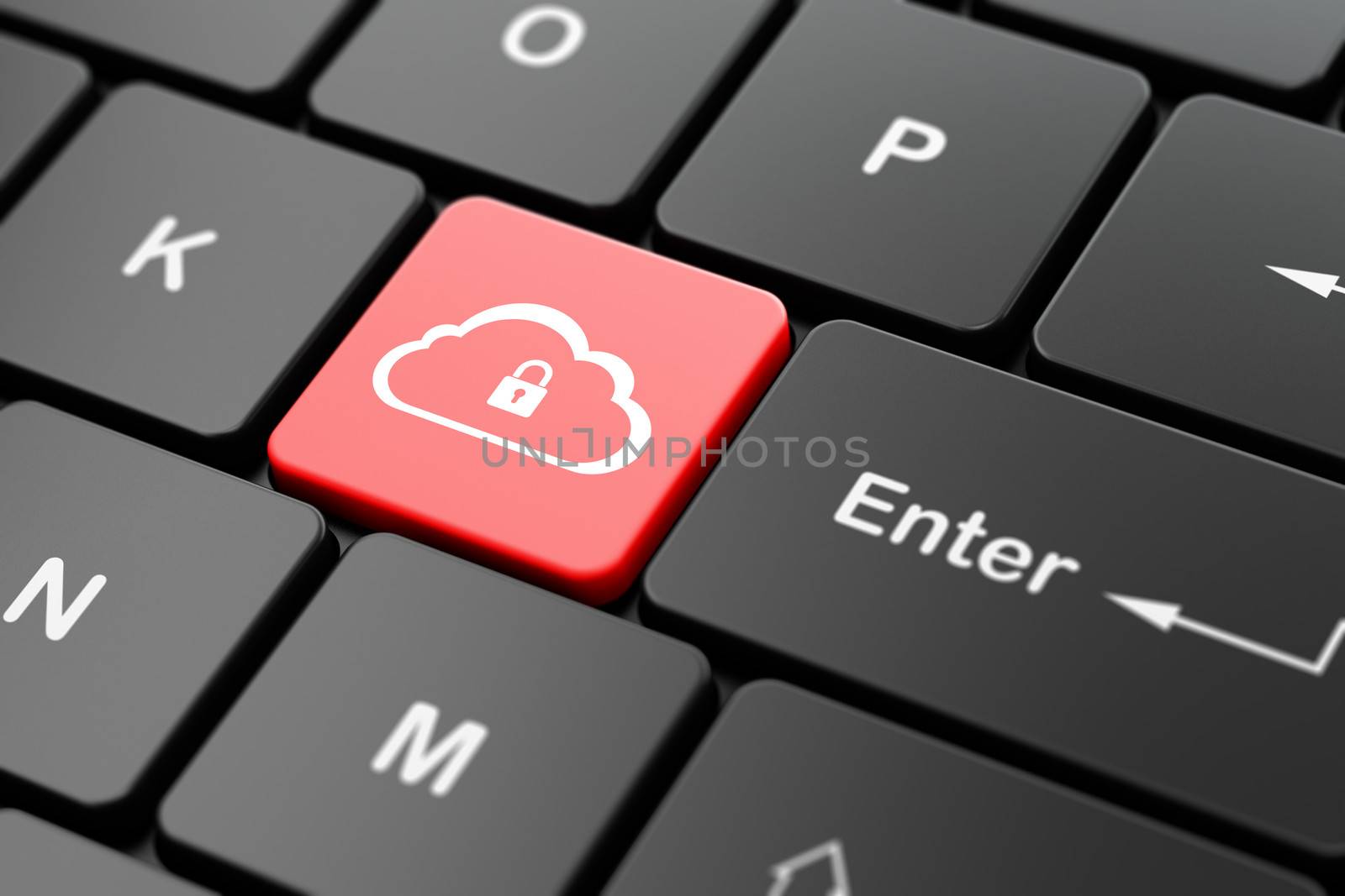 Cloud networking concept: computer keyboard with Cloud With Padlock icon on enter button background, 3d render