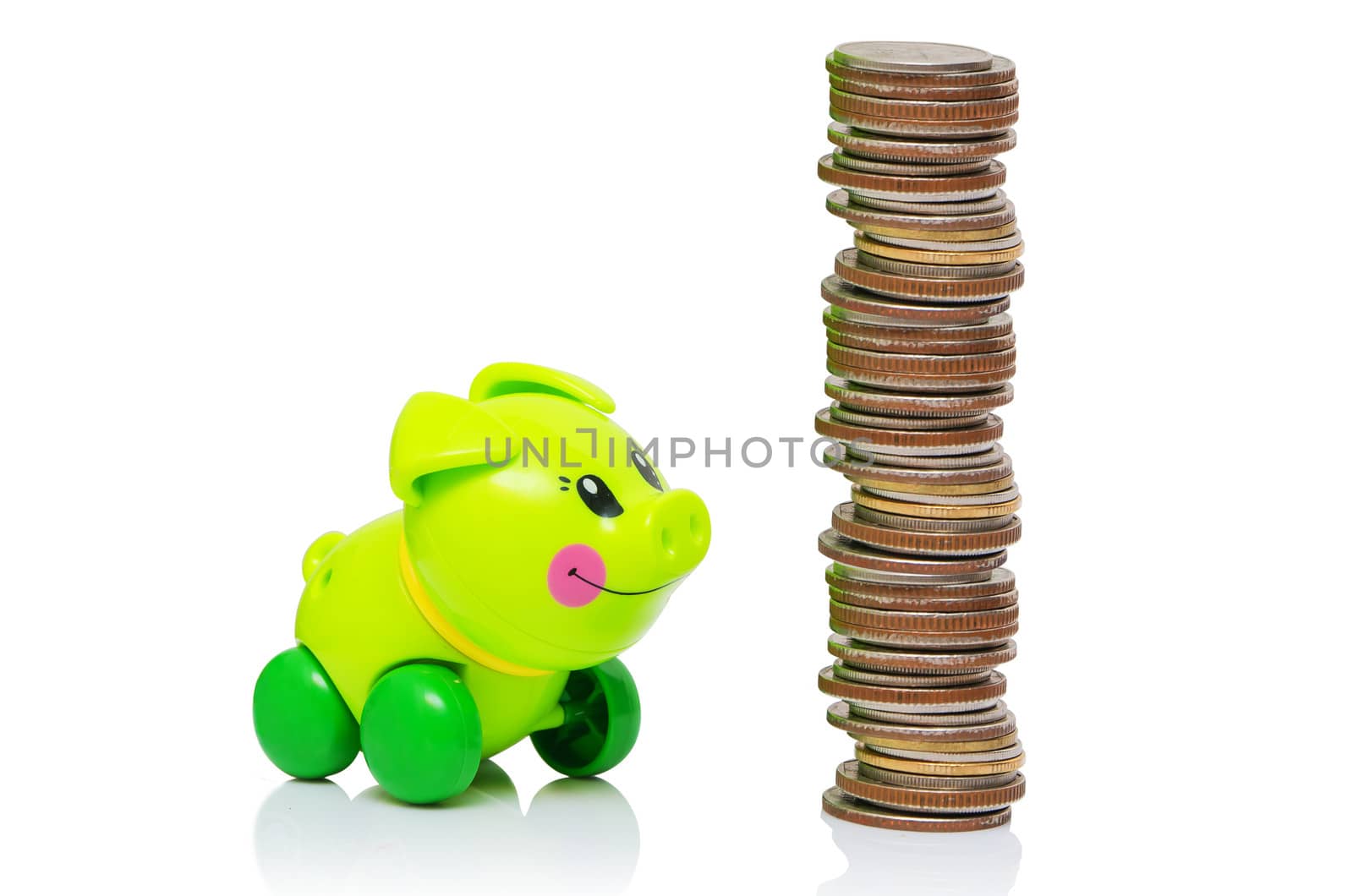 Isolated smile green piggy and coin