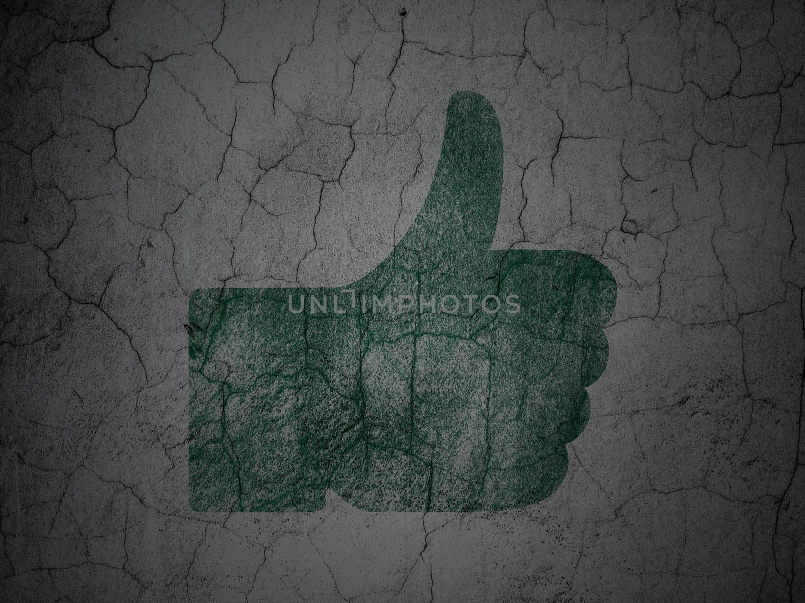 Social media concept: Green Thumb Up on grunge textured concrete wall background, 3d render