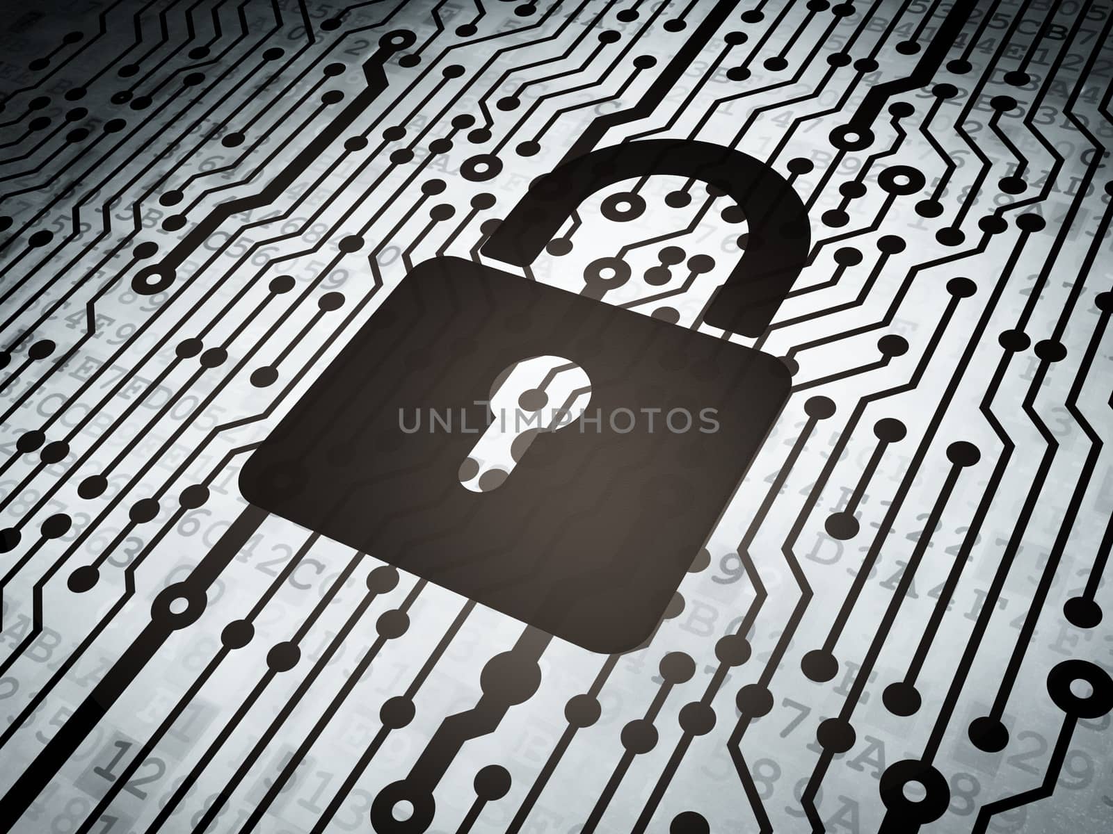 Protection concept: circuit board with  Closed Padlock icon, 3d render