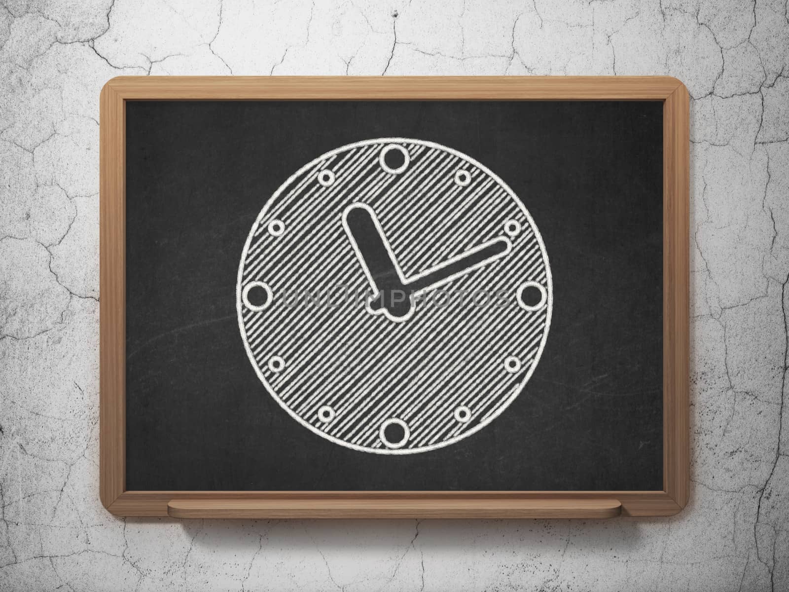 Time concept: Clock icon on Black chalkboard on grunge wall background, 3d render