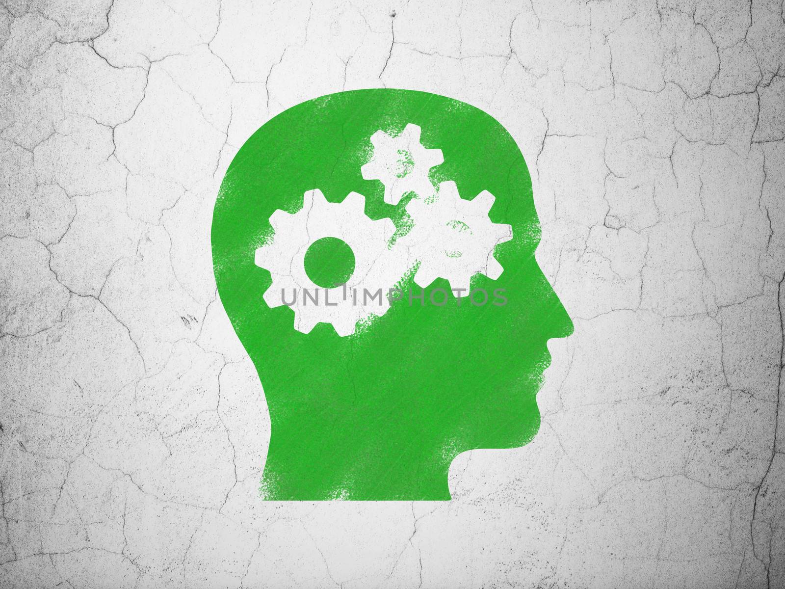 Education concept: Green Head With Gears on textured concrete wall background, 3d render