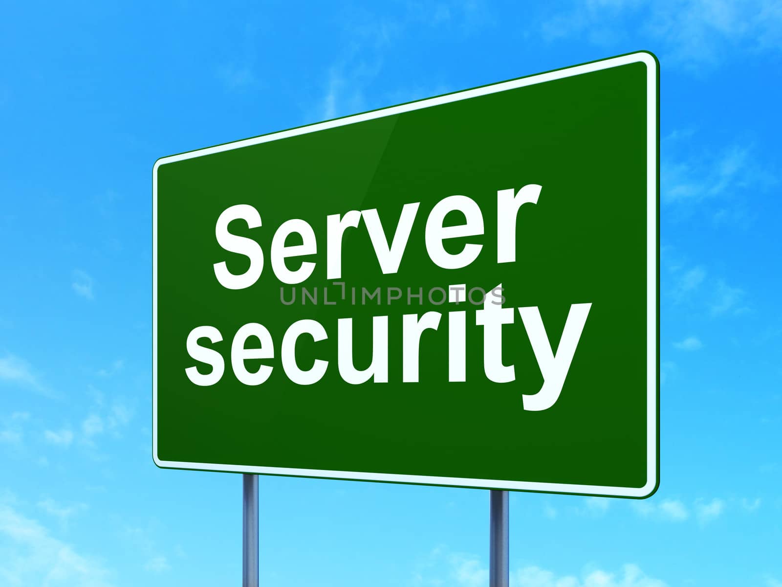 Security concept: Server Security on green road (highway) sign, clear blue sky background, 3d render