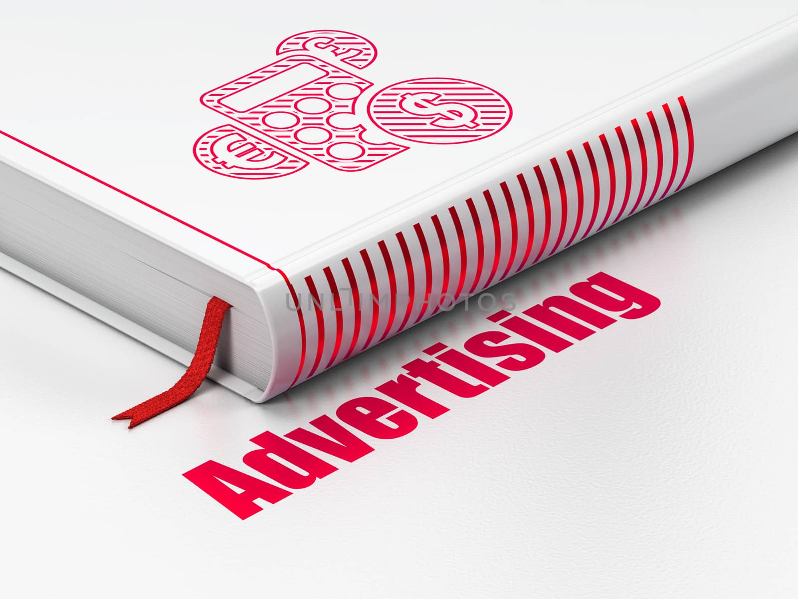 Advertising concept: closed book with Red Calculator icon and text Advertising on floor, white background, 3d render