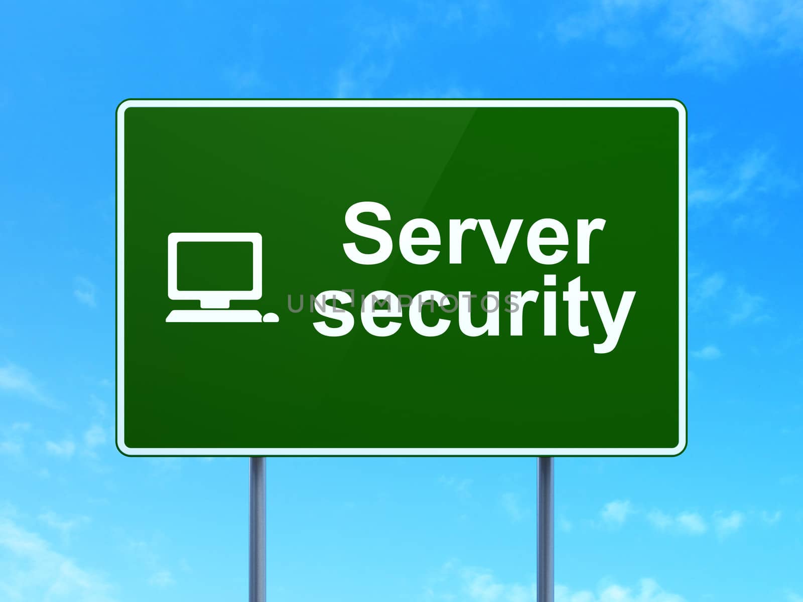 Security concept: Server Security and Computer Pc icon on green road (highway) sign, clear blue sky background, 3d render