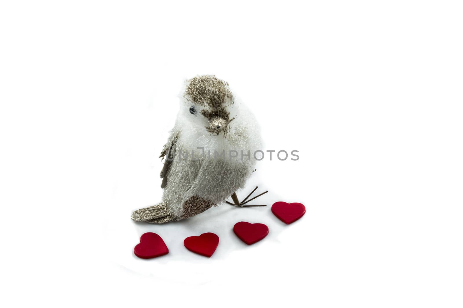 Small bird and hearts on white background for Valentines Day