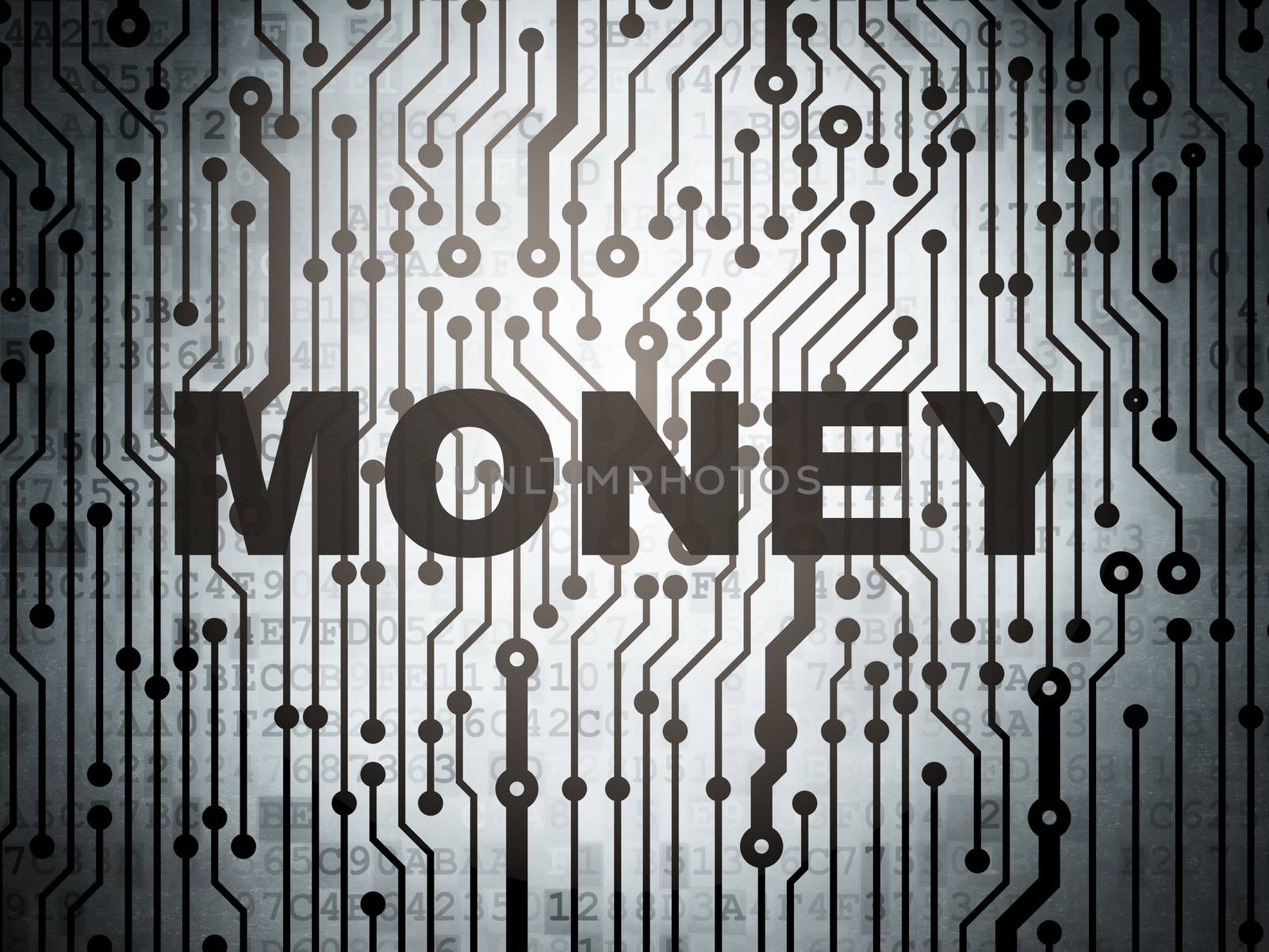 Finance concept: circuit board with  word Money, 3d render