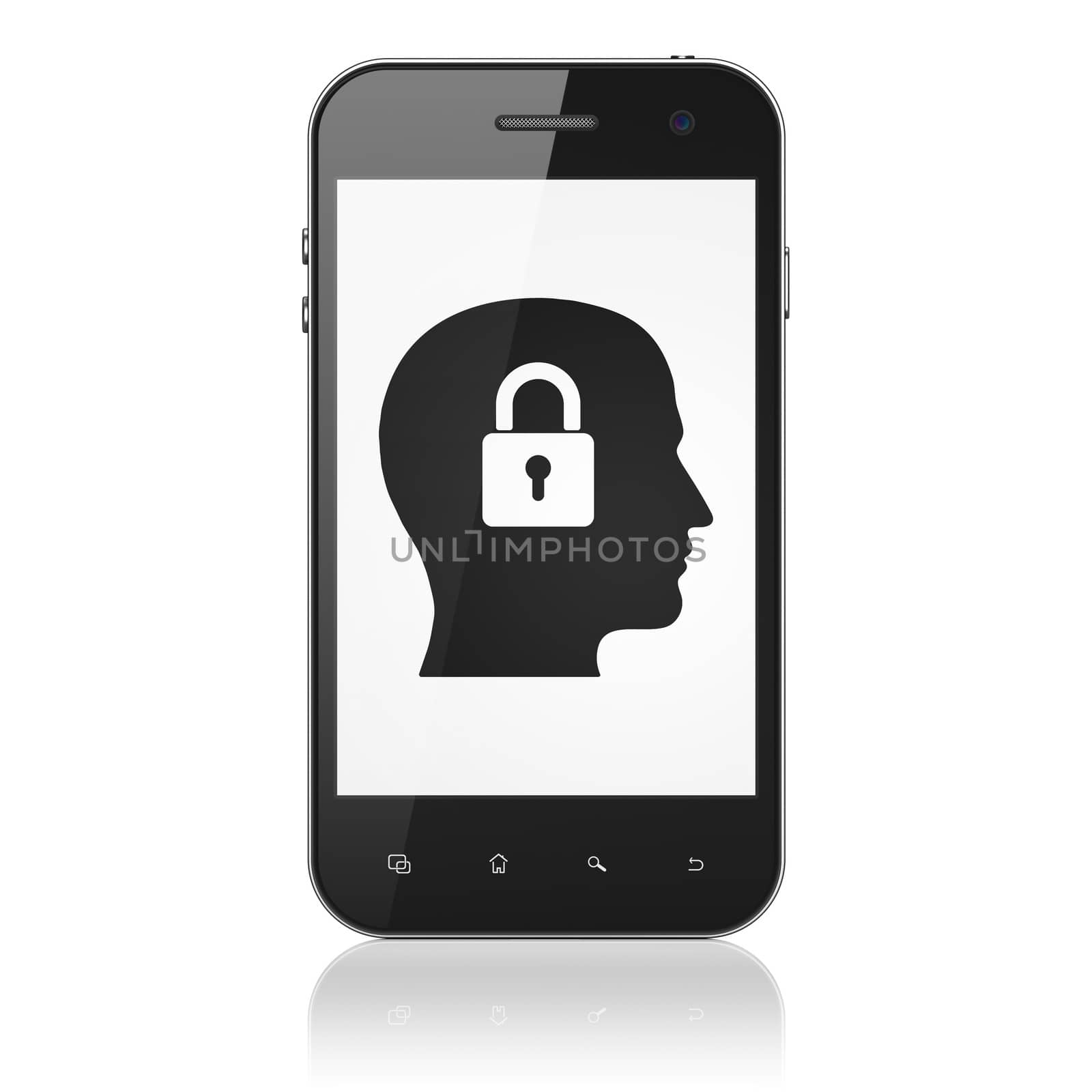 Information concept: smartphone with Head With Padlock icon on display. Mobile smart phone on White background, cell phone 3d render