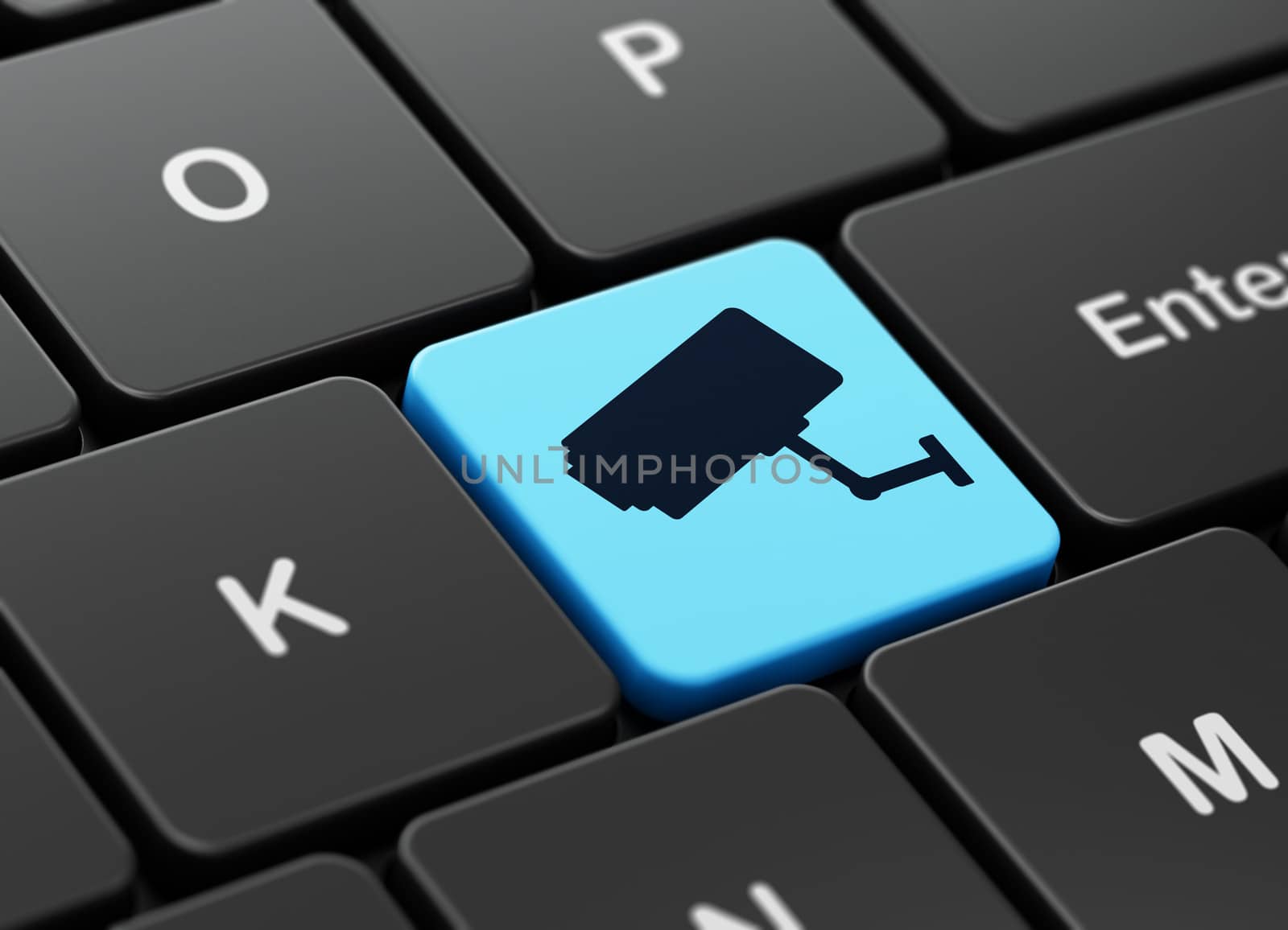 Privacy concept: computer keyboard with Cctv Camera icon on enter button background, 3d render