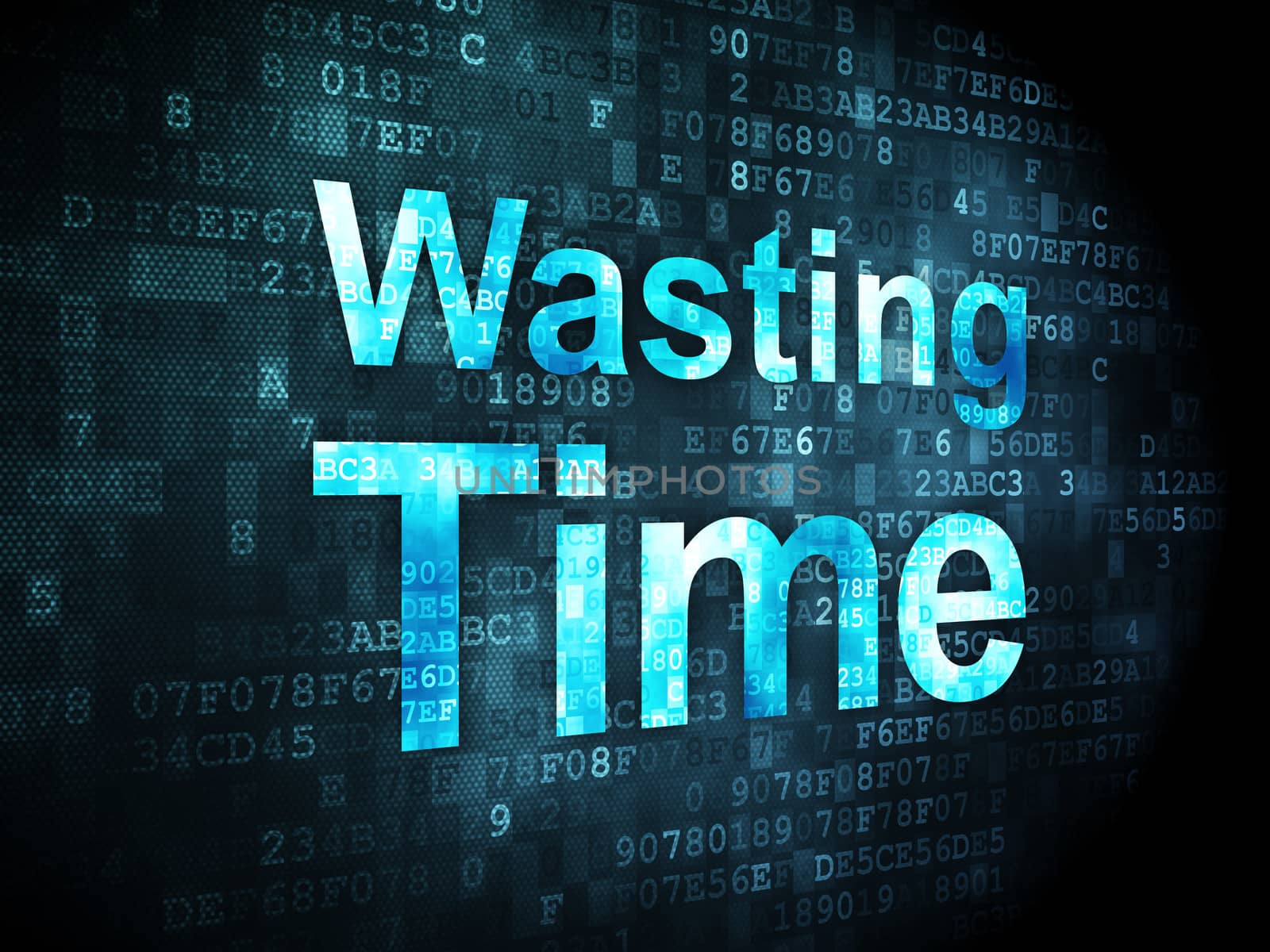 Timeline concept: pixelated words Wasting Time on digital background, 3d render
