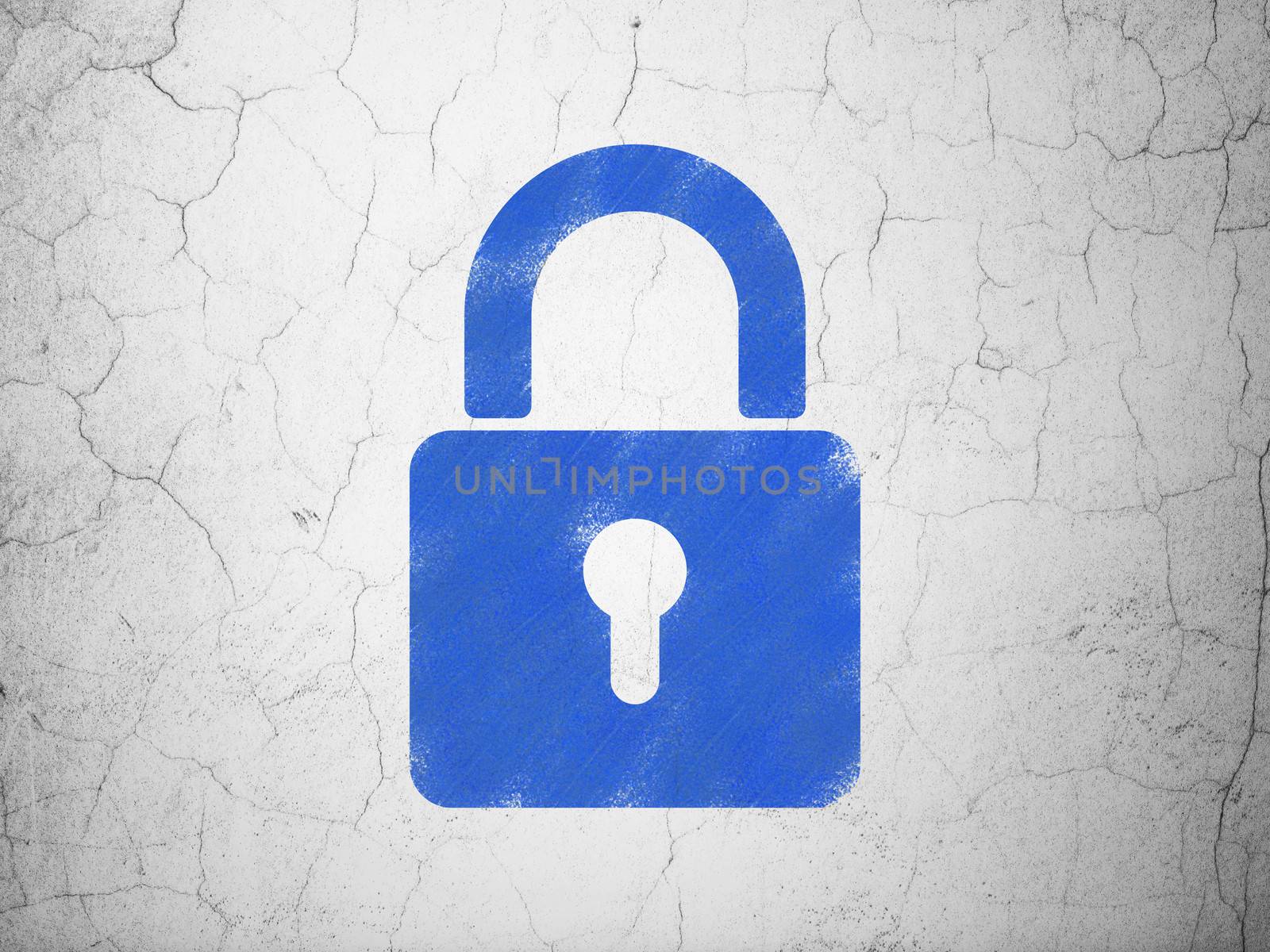 Information concept: Blue Closed Padlock on textured concrete wall background, 3d render