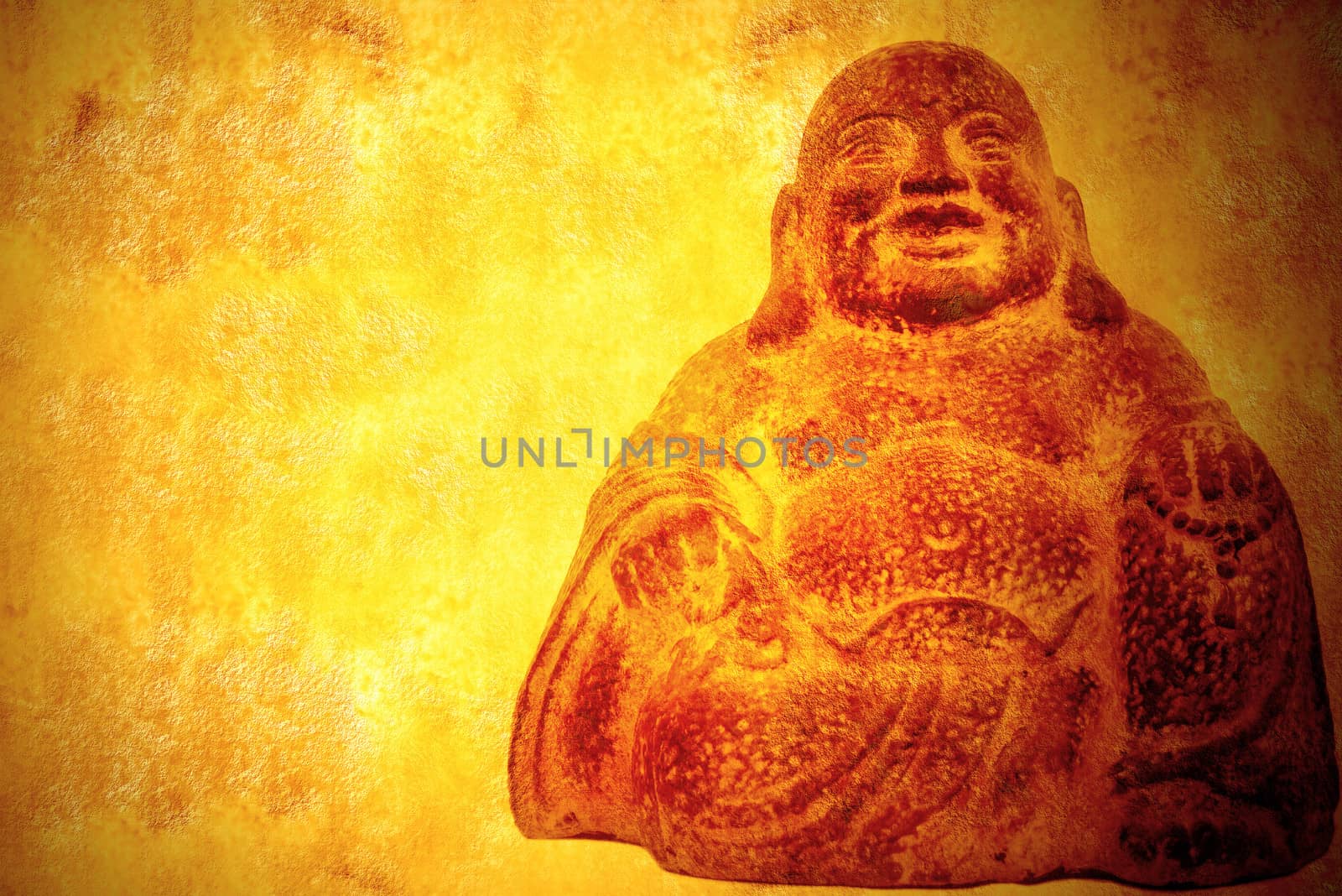 smiling buddha sitting parchment background  by Carche