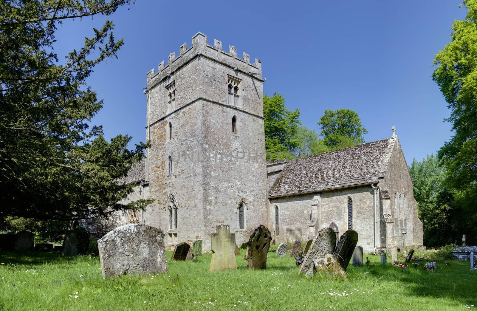 11th Century Cotswold church at Oddington, Gloucestershire, England.