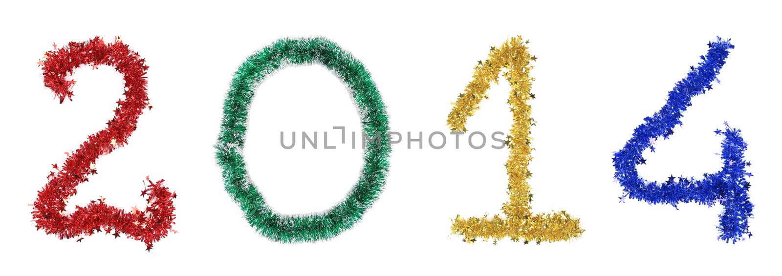 Year 2014 made from tinsel. Isolated on a white background.