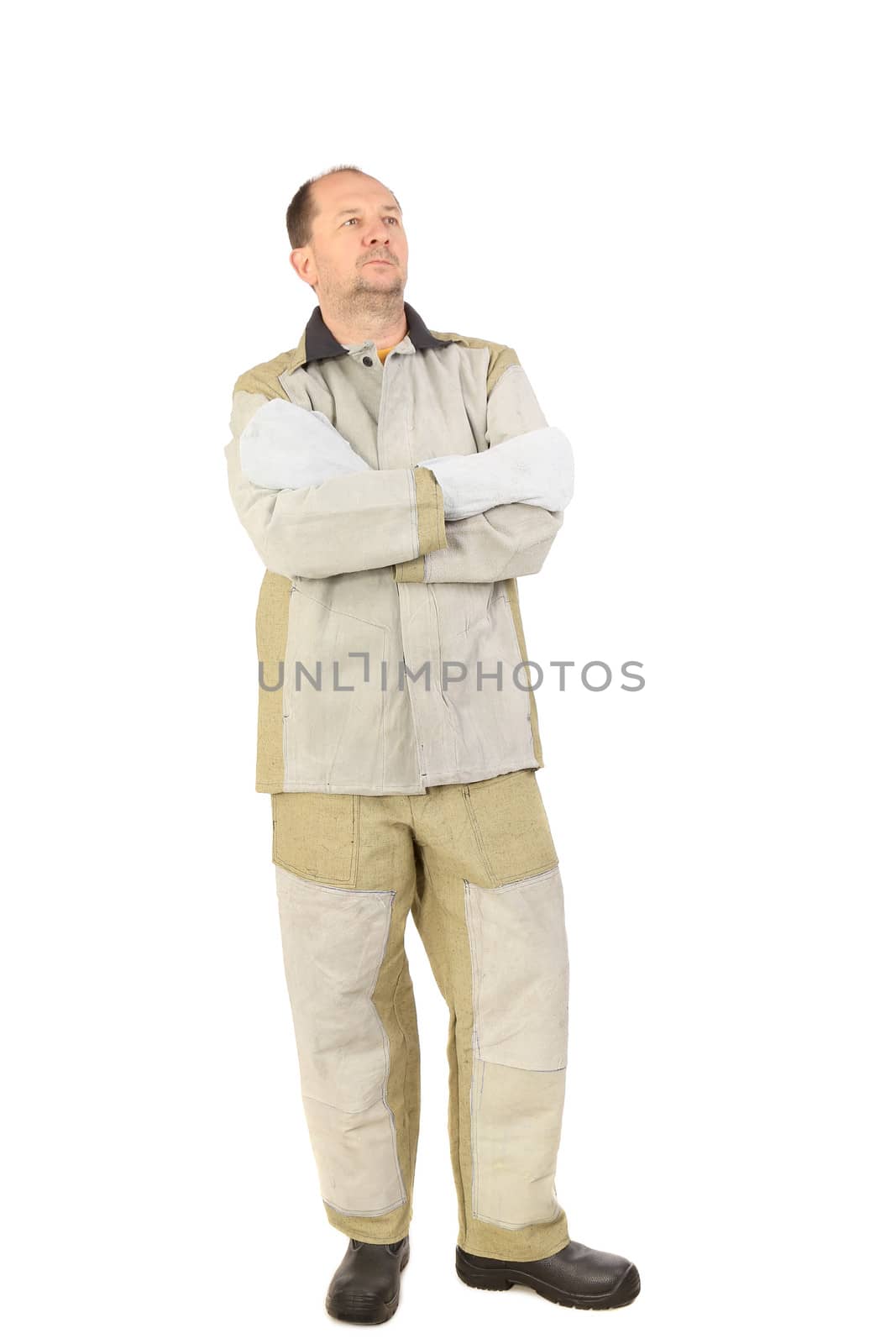 Men in welding clothes. Isolated on white background.