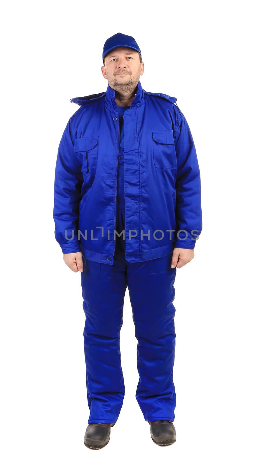 Worker in winter vest and pants. Isolated on a white background.